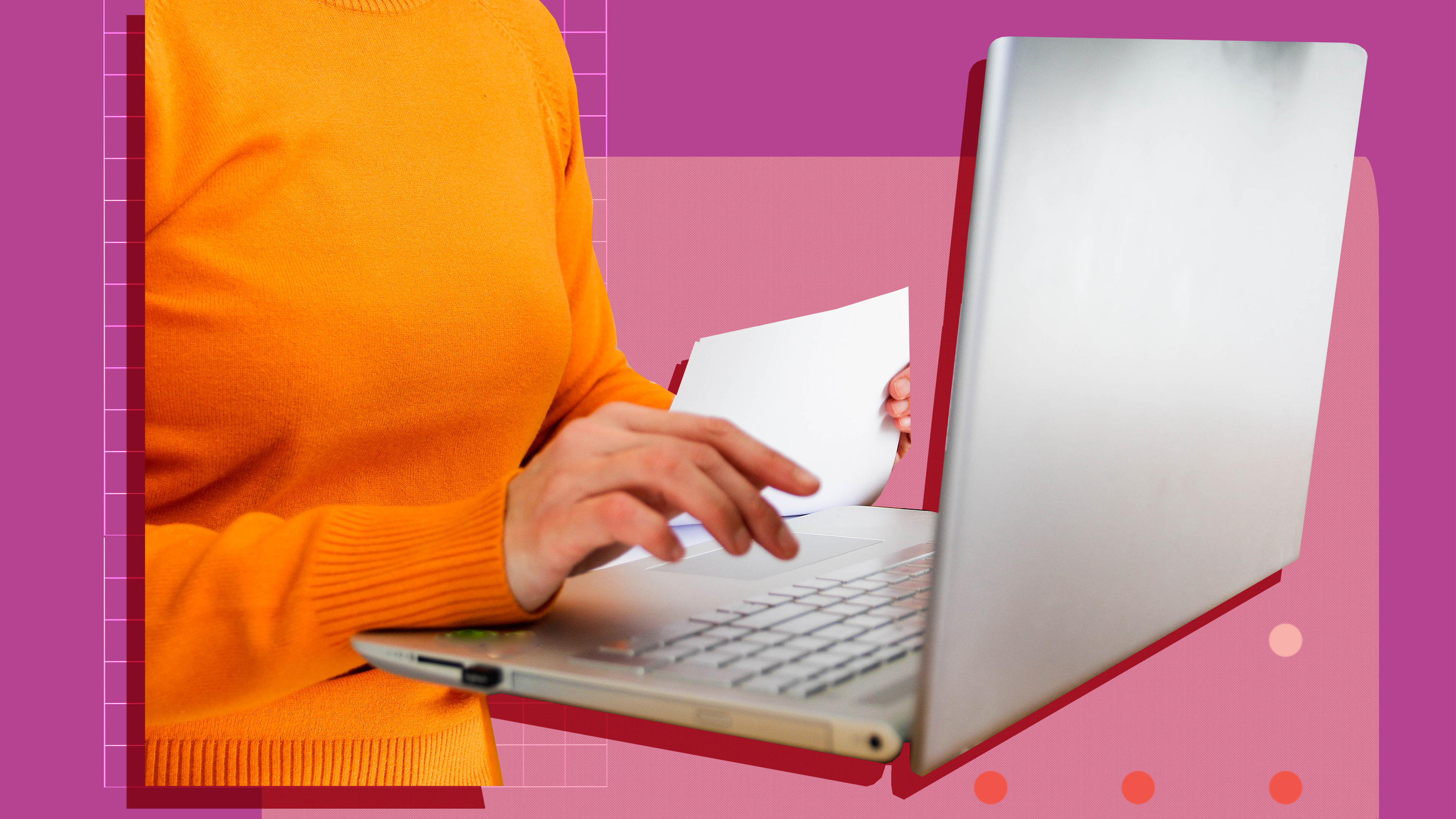 Collage of a woman typing on a computer and holding a piece of paper as she writes and formats her resume for a job search.