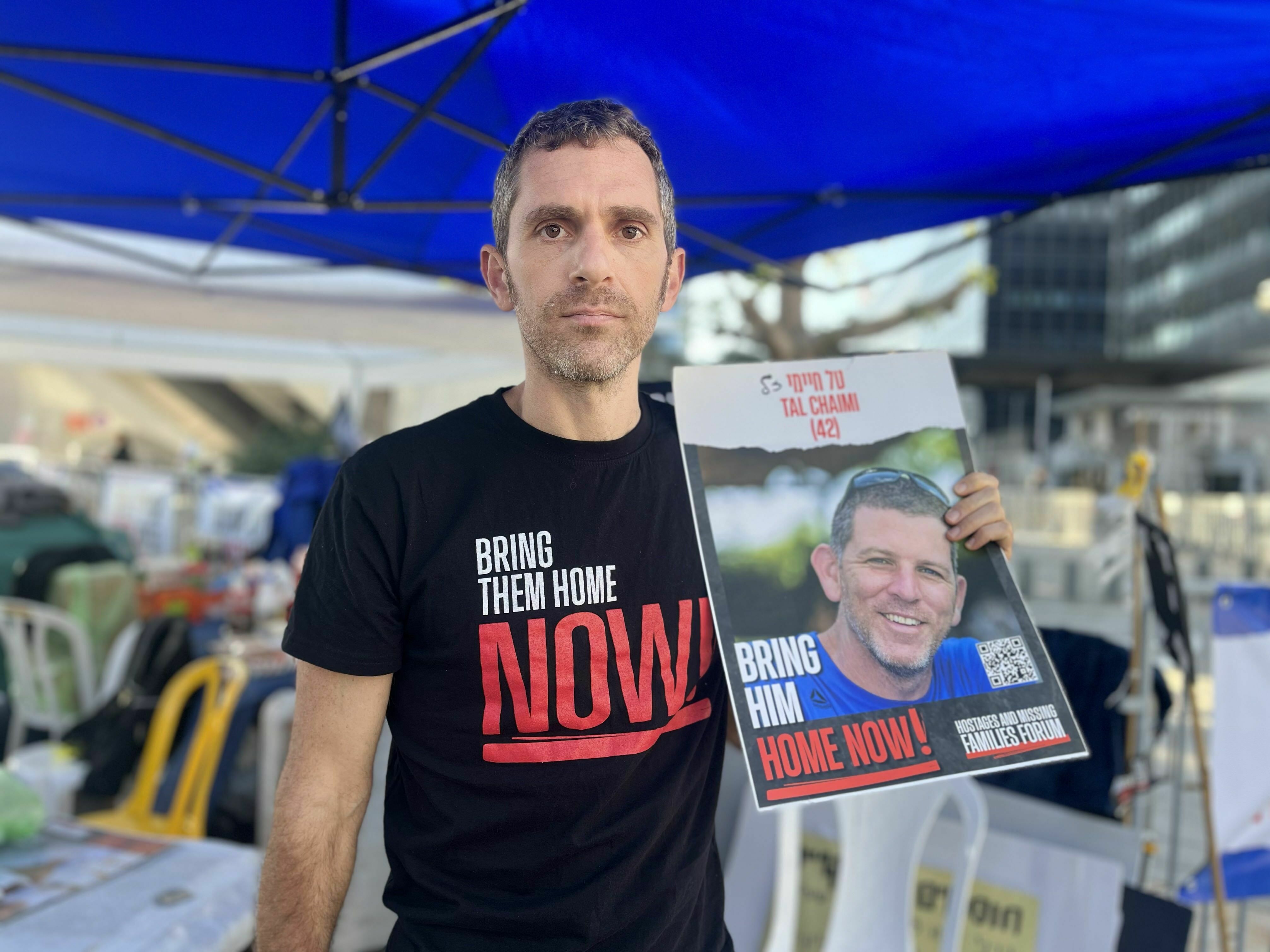 Udi Goren is among the families and supporters of Israelis held in Gaza who are protesting outside Israel's military headquarters, demanding that Israel change its war strategy. (NPR)