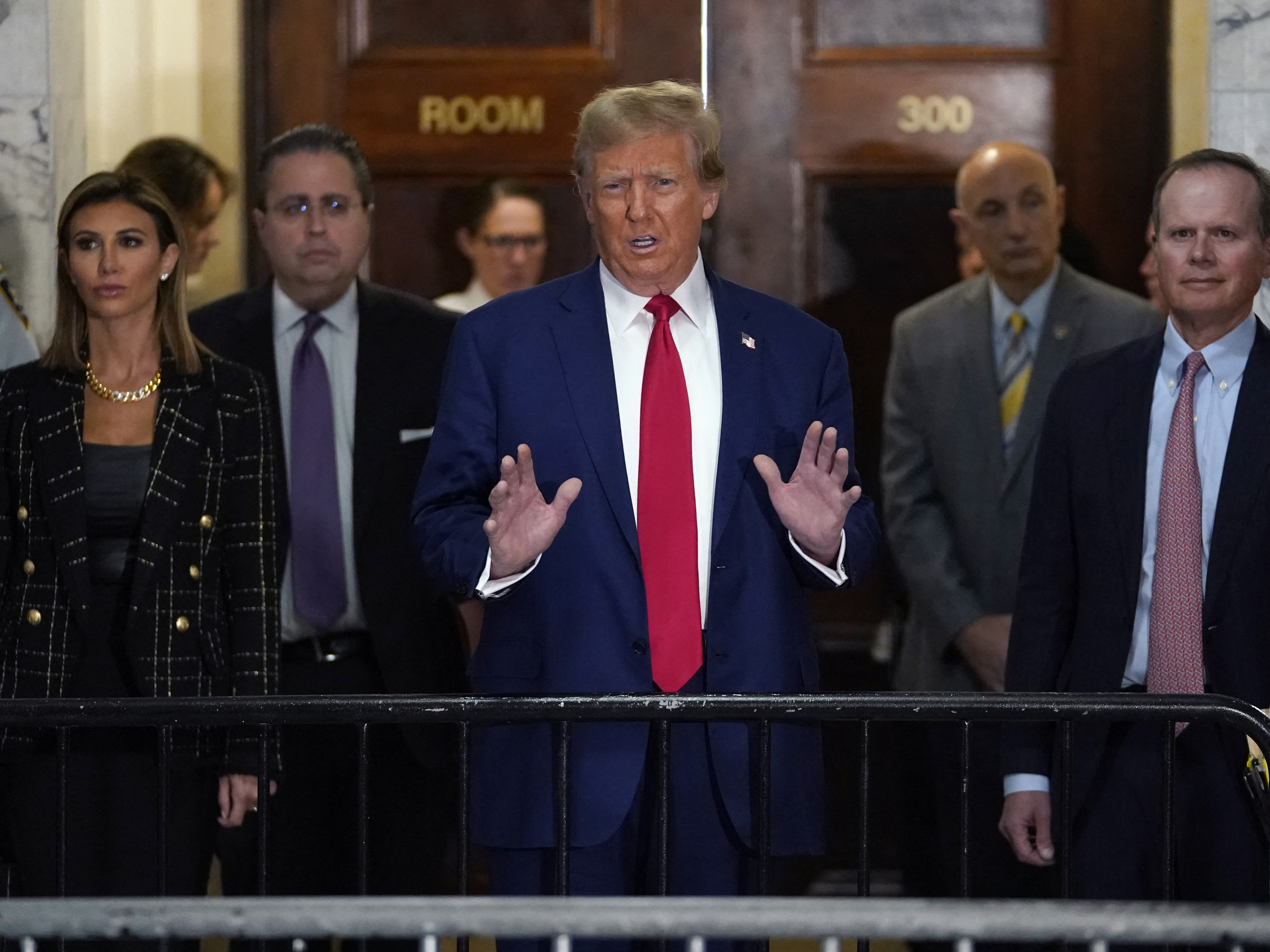 Former President Donald Trump speaks to members of the media as he arrives at the New York State Supreme Court during the civil fraud trial against the Trump Organization in New York City on Jan. 11, 2024. (AFP via Getty Images)