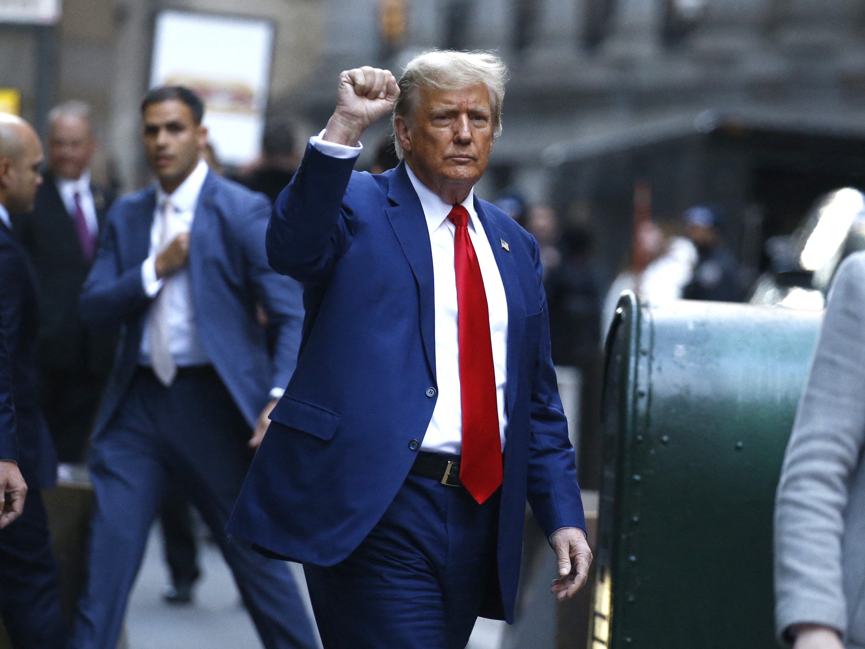 Former US President Donald Trump departs after speaking to the press after attending the civil fraud trial against the Trump Organization in New York State Supreme Court, in New York City on January 11, 2024. (AFP via Getty Images)