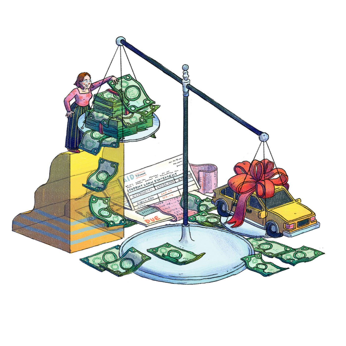 Illustration of a woman climbing a yellow staircase to place larger-than-life dollar bills on one arm of a scale. On the other arm of the scale is a yellow car with a big red bow on top. She is trying to put enough money on the scale to raise the car, signifying her ability to buy a car. Next to the stars are a stack of her paid bills.