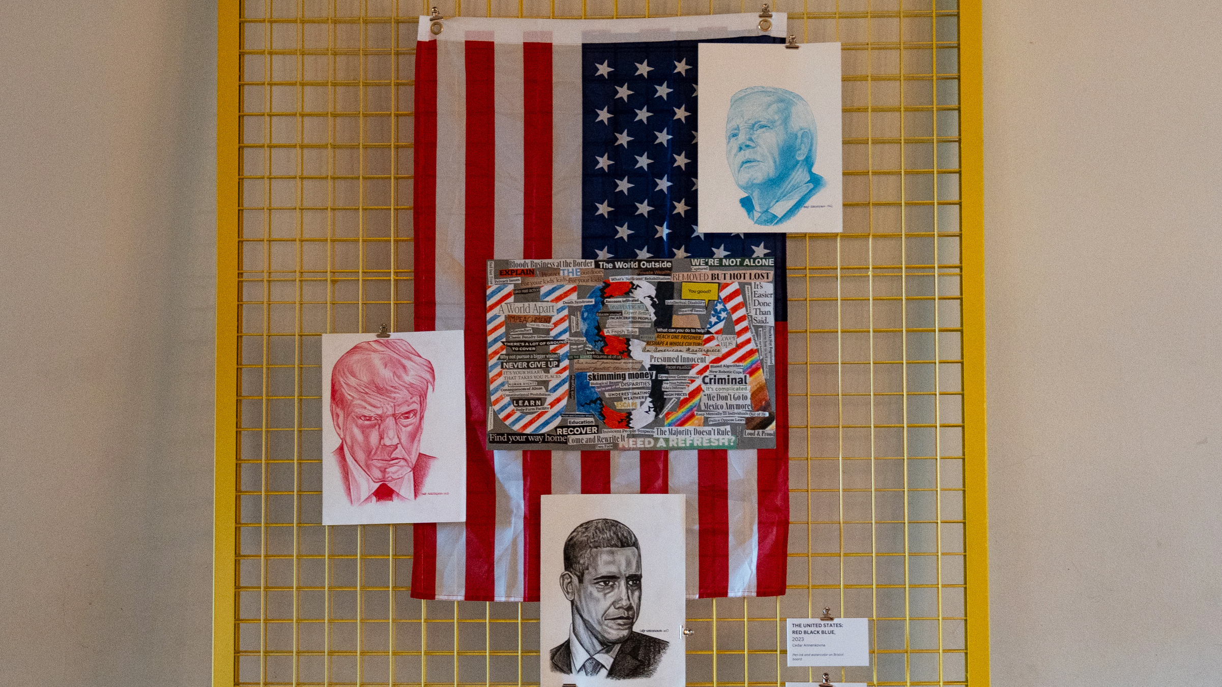 The Prison Reimagined: Presidential Portrait Project exhibition features artwork by incarcerated artists critiquing the U.S. justice system and is on display at President Lincoln