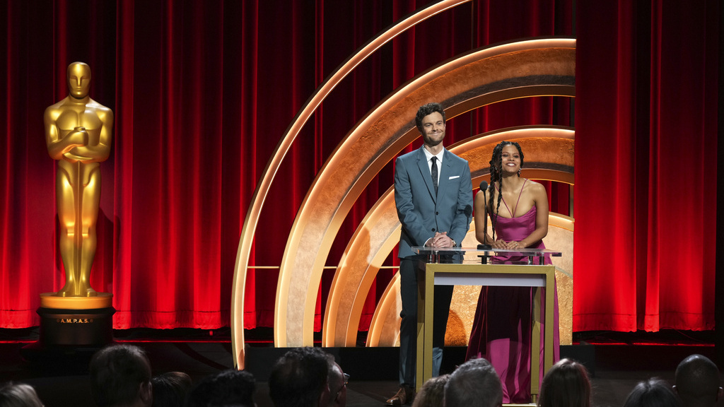 Jack Quaid, left, and Zazie Beetz speak Tuesday during the 96th Academy Awards nominations announcement at the Samuel Goldwyn Theater in Beverly Hills, Calif. The 96th Academy Awards will take place March 10 in Los Angeles.