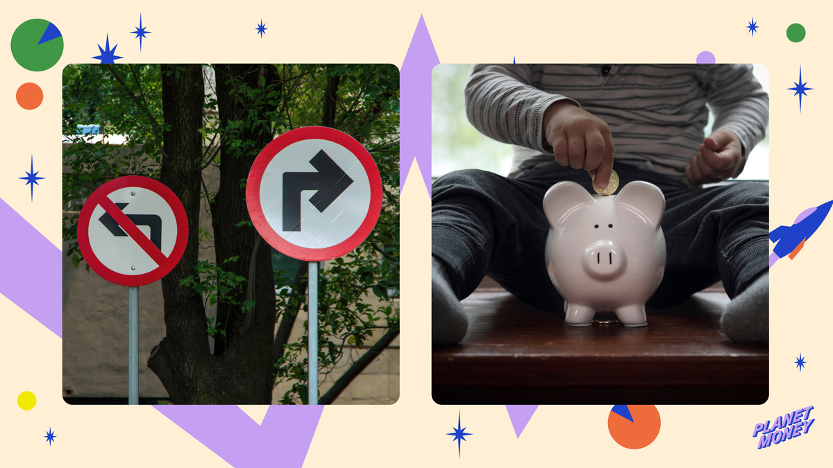 Left: Left turn prohibited and right turn only regulatory road signs on a city street. RIGHT: An unrecognizable toddler sits atop a wooden chest with a gold coin, which he tries to put into a piggy bank.