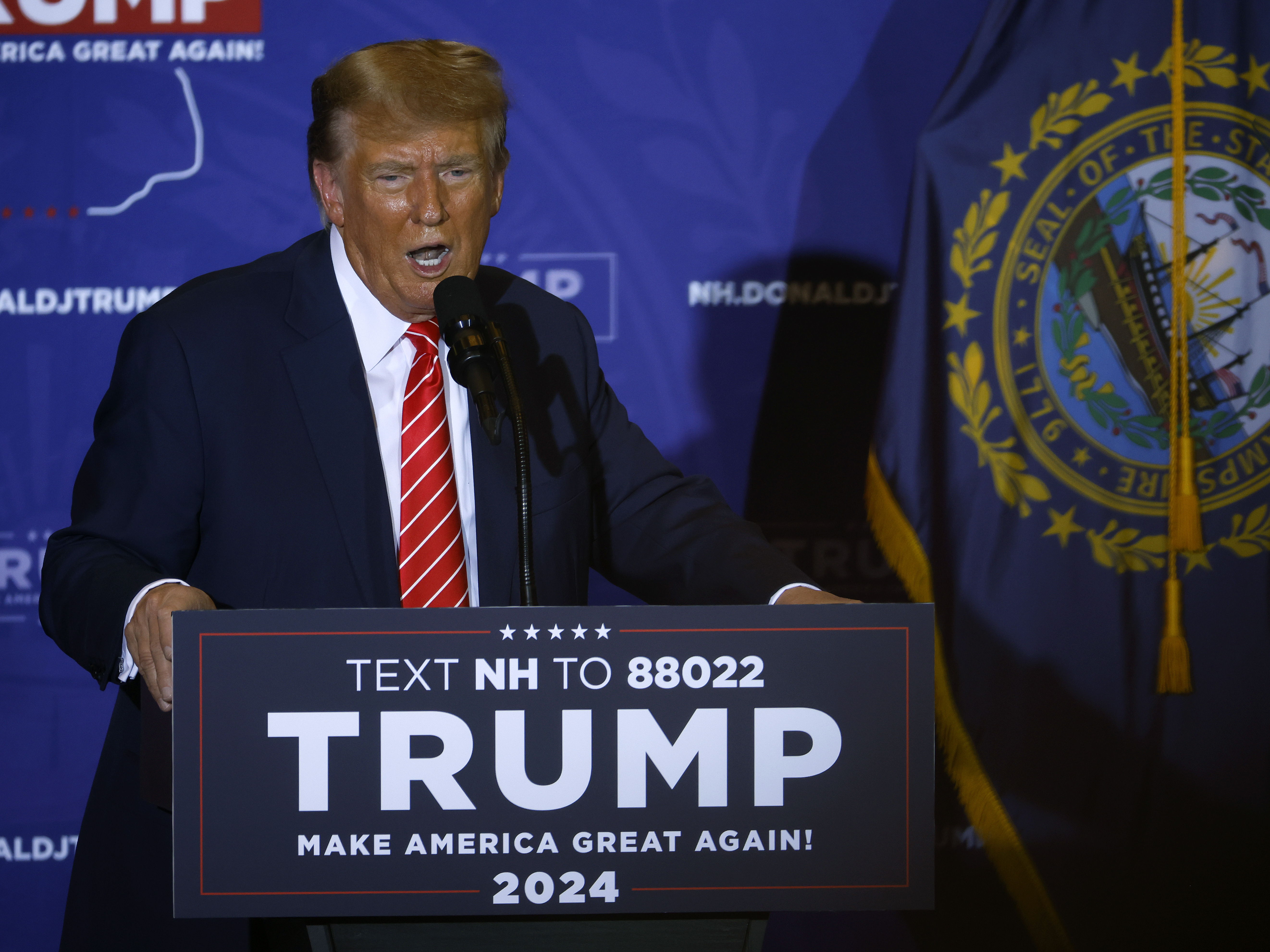 Republican presidential candidate and former President Donald Trump campaigns in Concord, New Hampshire this month.  As the race as dwindled to Trump and former South Carolina Governor Nikki Haley, the former President has used her Indian heritage to try and sow doubt about her legitimacy for the presidency. (Getty Images)