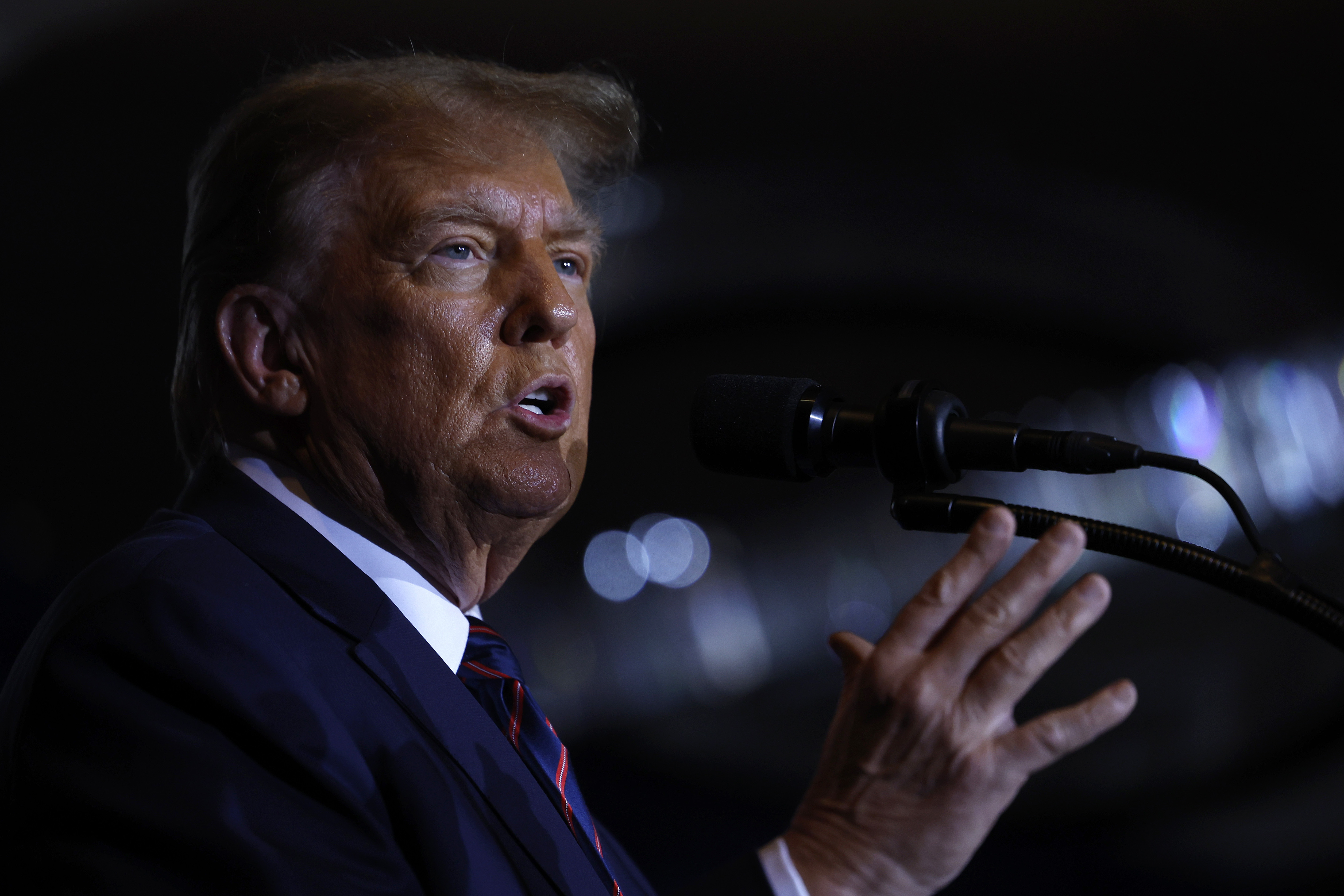 Republican presidential candidate and former U.S. president Donald Trump delivers remarks during his primary night rally at the Sheraton on Tuesday in Nashua, N.H. (Getty Images)