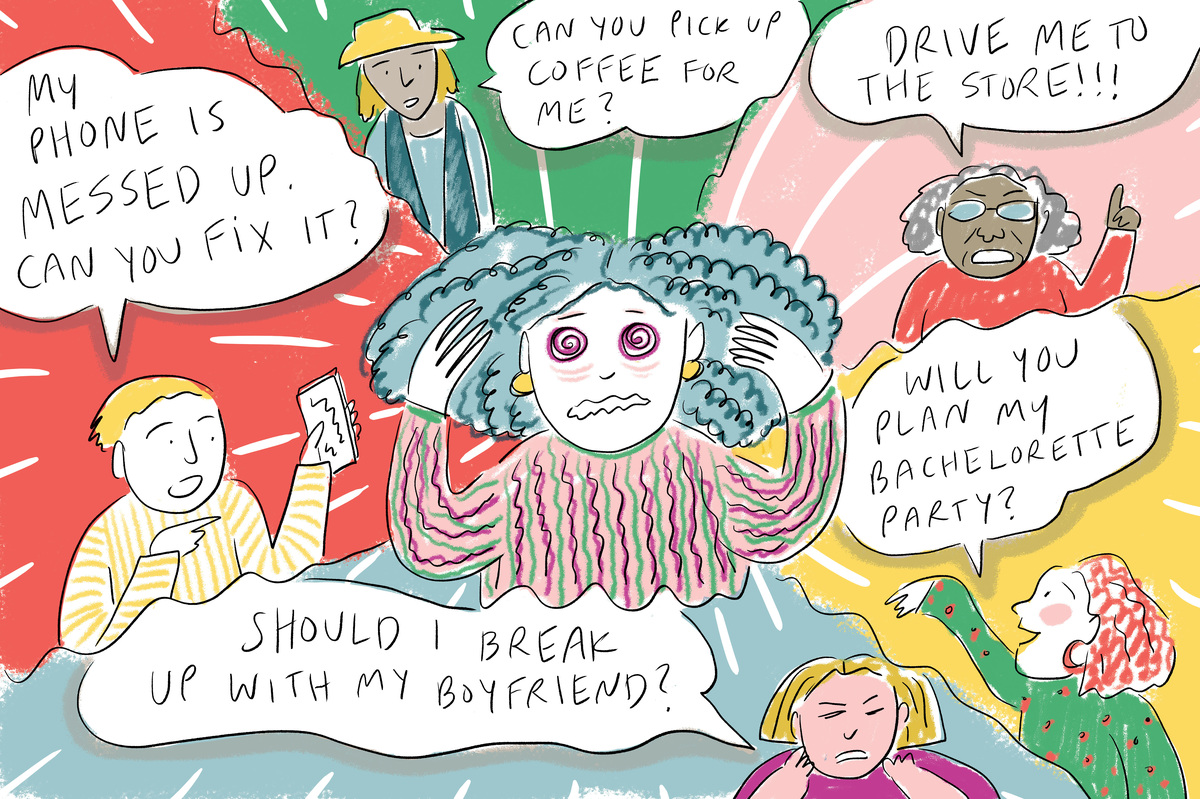 A woman pulling her hair is surrounded by people asking for a favor.