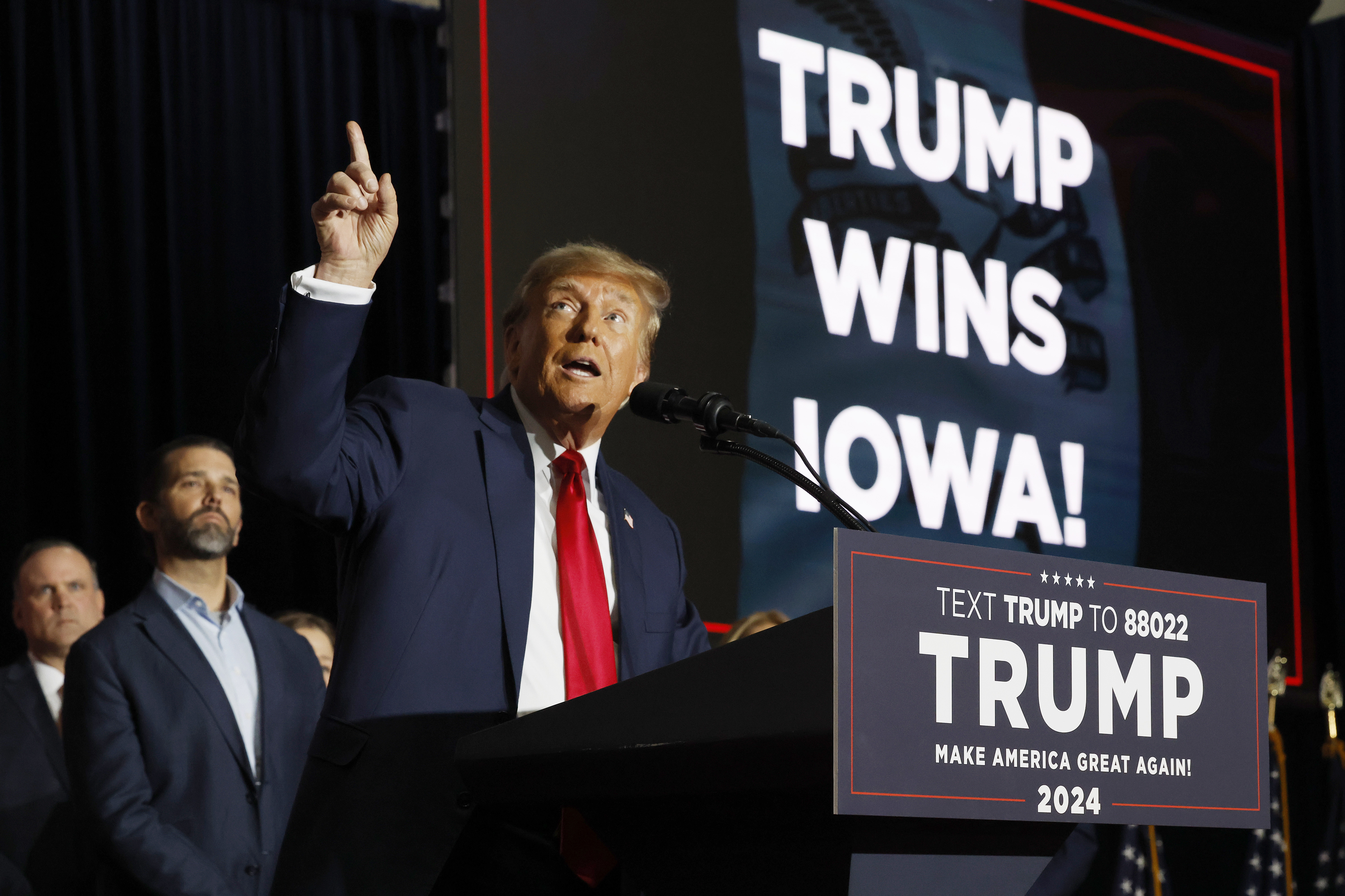 Former President Donald Trump speaks at his caucus event at the Iowa Events Center on January 15, 2024 in Des Moines, Iowa. (Getty Images)