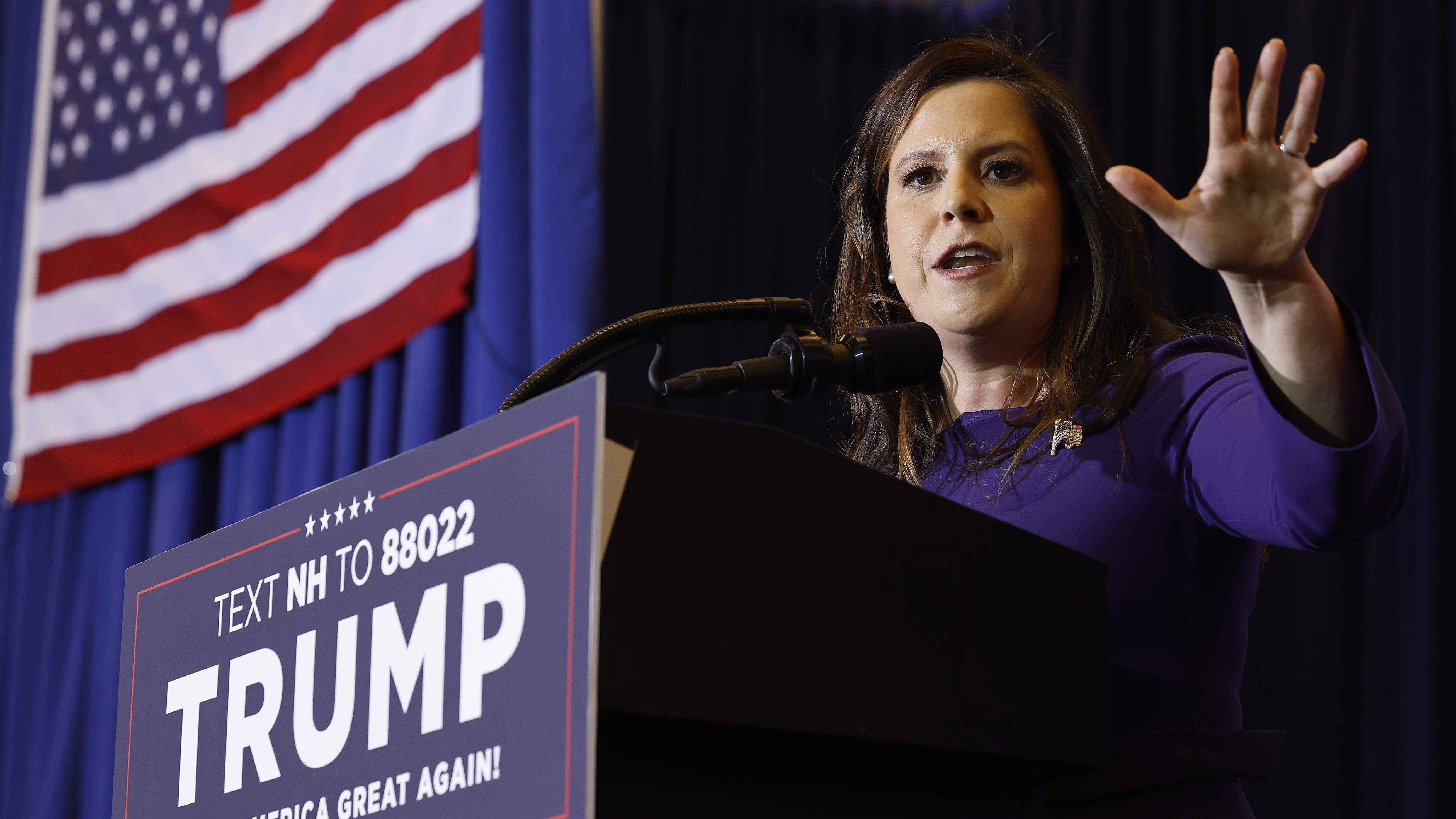 Rep Elise Stefanik, R-N.Y., seen here campaigning for former President Donald Trump in New Hampshire, recently said, &quot;Of course I'd be honored — I've said that for a year — to serve in a future Trump administration in any capacity.&quot; (Getty Images)