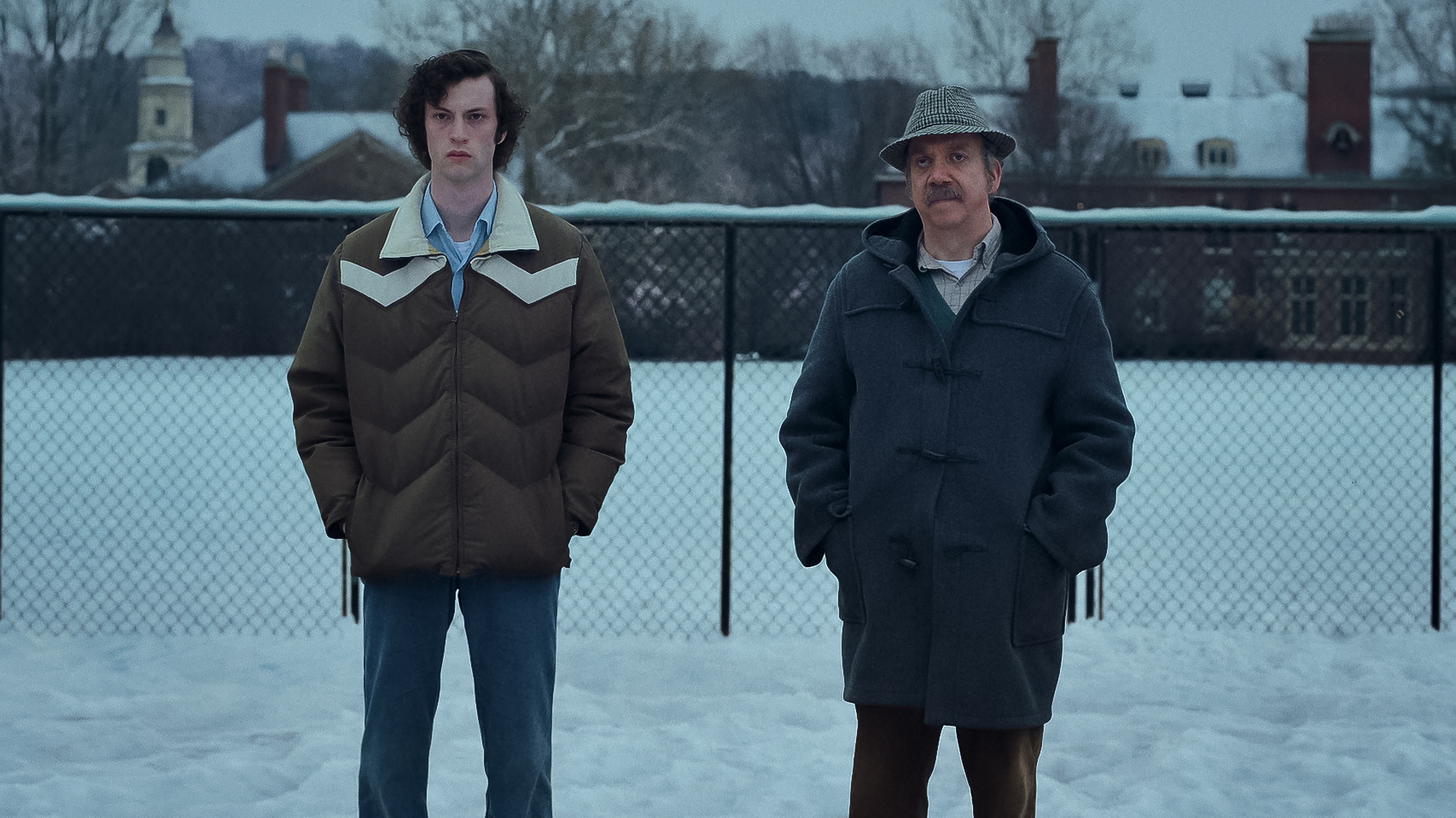 Dominic Sessa and Paul Giamatti in The Holdovers.