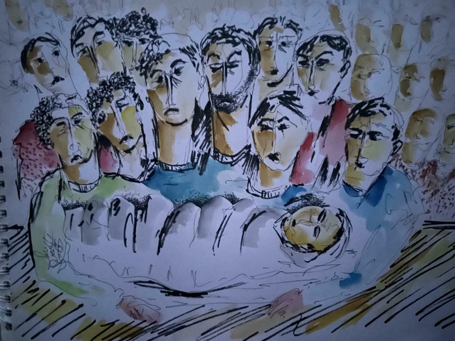 The work of Basel El Maqosui, a trained artist in Gaza who continues to paint and draw despite being displaced. (NPR)