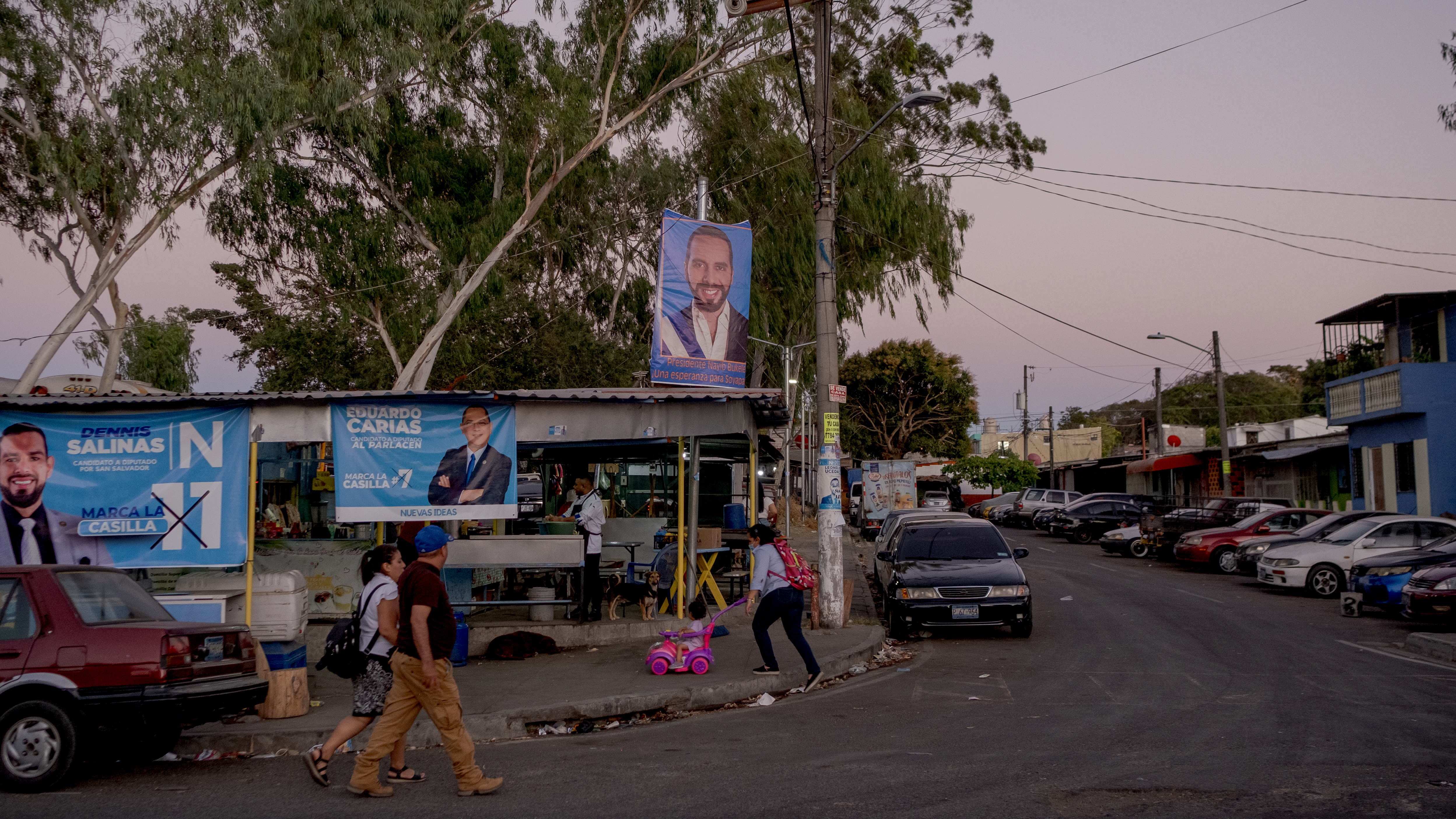 Banner with the face of President Nayib Bukele on the roof of the pupusas restaurant of Arnulfo Crisostomo Mazariego in Las Margaritas on Jan. 29.