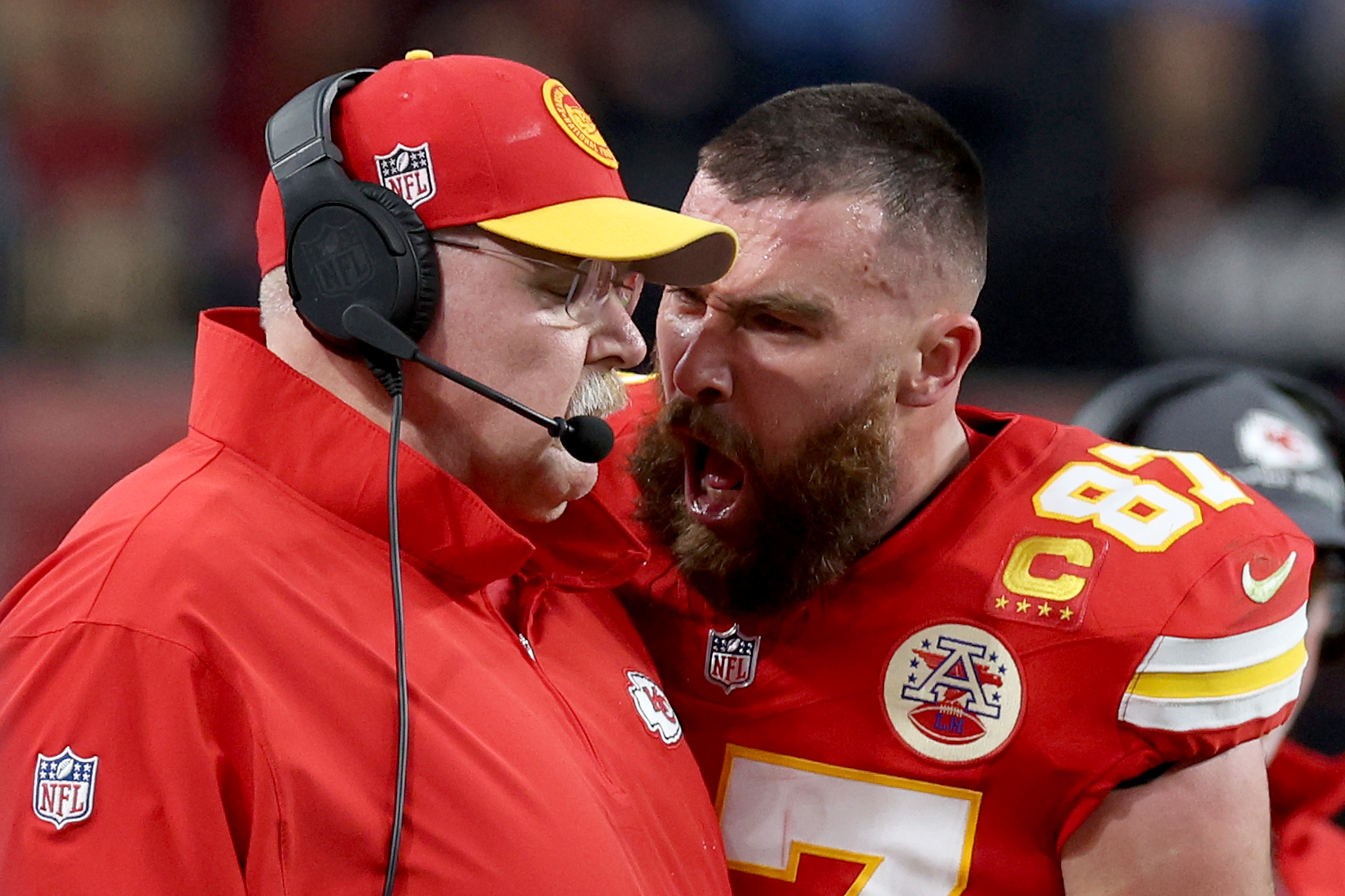 This was not, as the Kansas City Chiefs' Travis Kelce previously joked, the tight end telling head coach Andy Reid how much he loved him. (Getty Images)