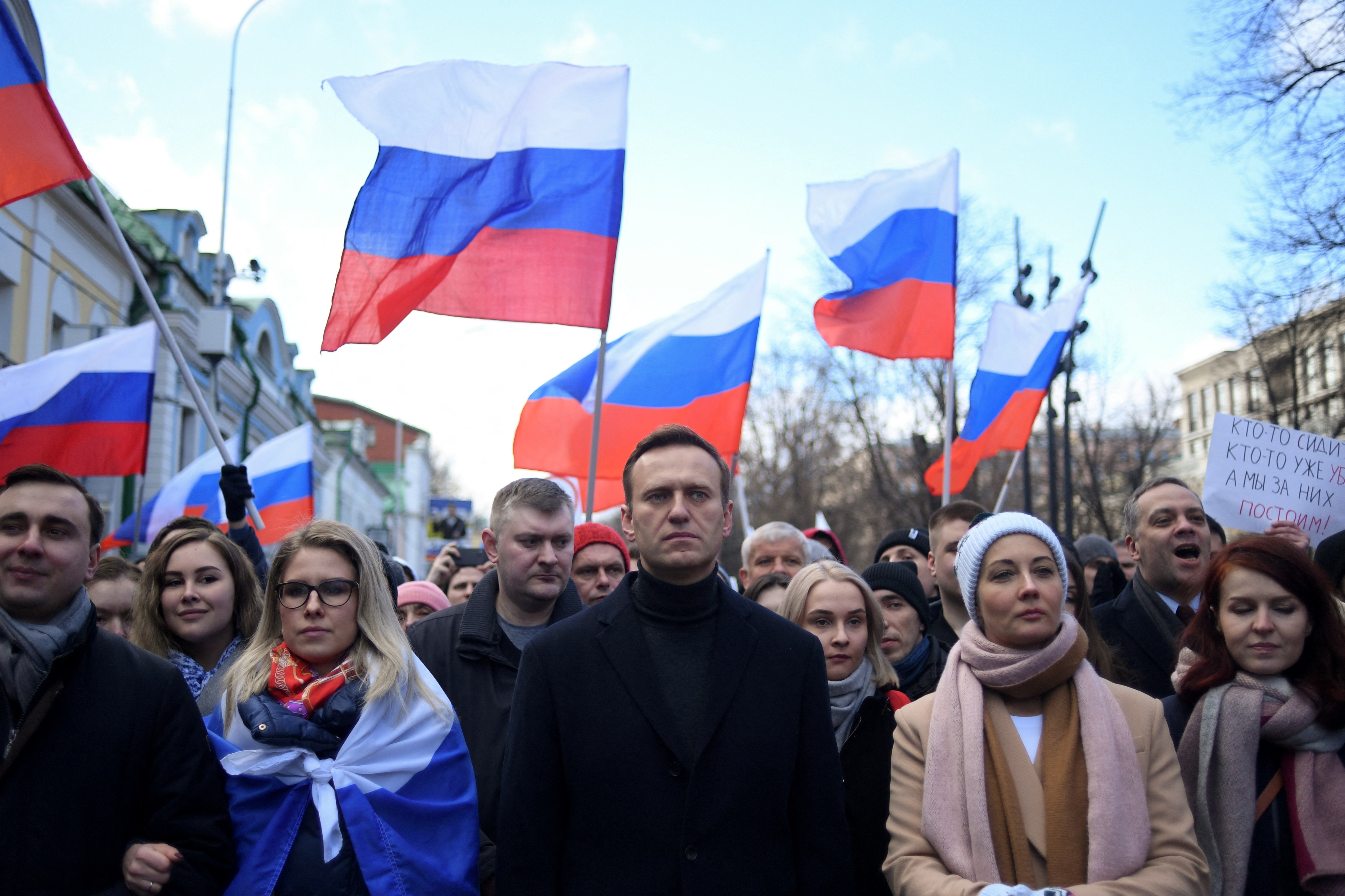 Photos: See Russian anti-corruption leader Alexei Navalny's life in pictures 12 February 29, 2020: Russian opposition leader Alexei Navalny, his wife Yulia, opposition politician Lyubov Sobol and other demonstrators march in memory of murdered Kremlin critic Boris Nemtsov in downtown Moscow on