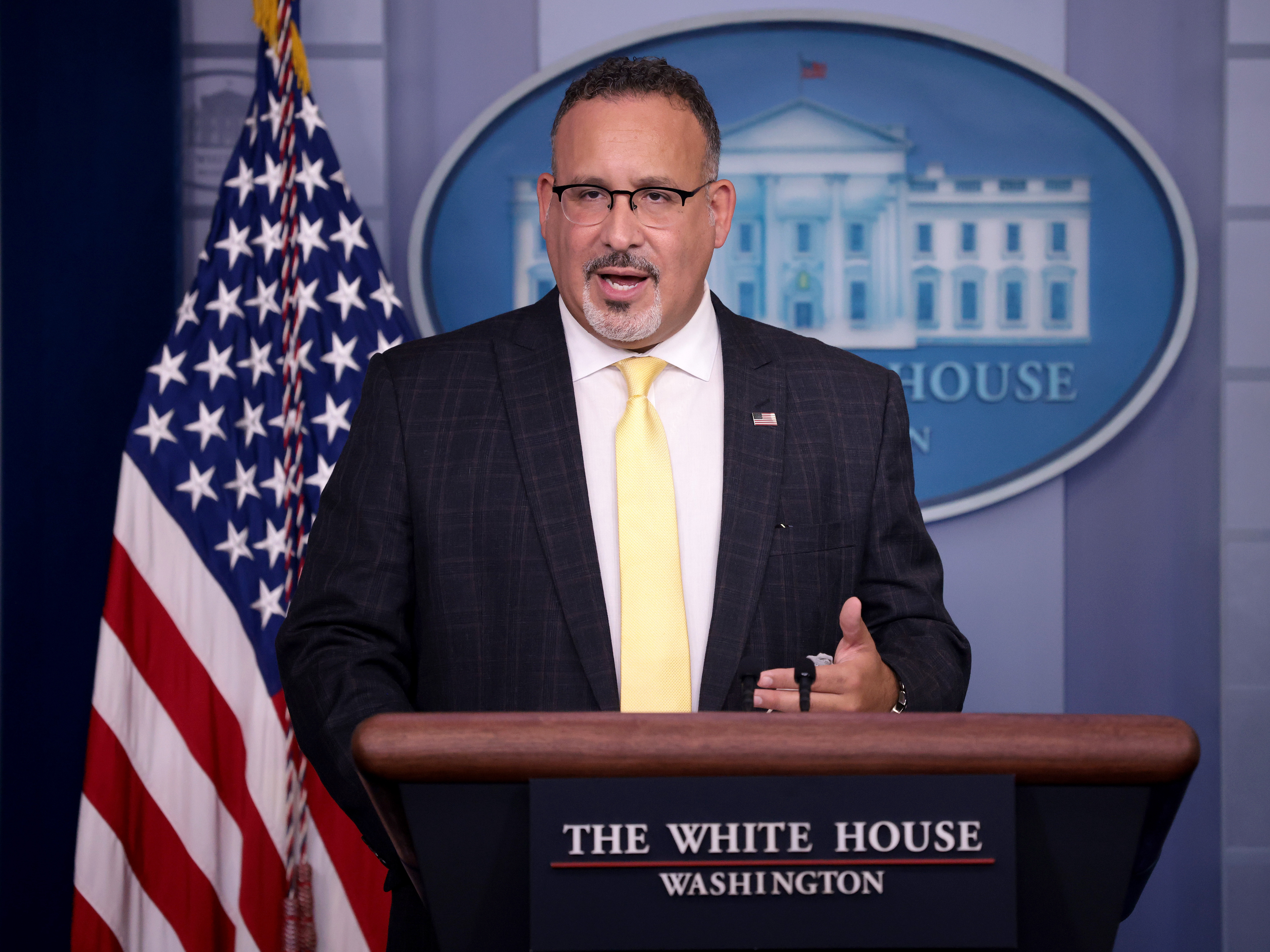 Secretary of Education Miguel Cardona answers questions during the daily briefing at the White House Aug. 5, 2021, in Washington, D.C. (Getty Images)