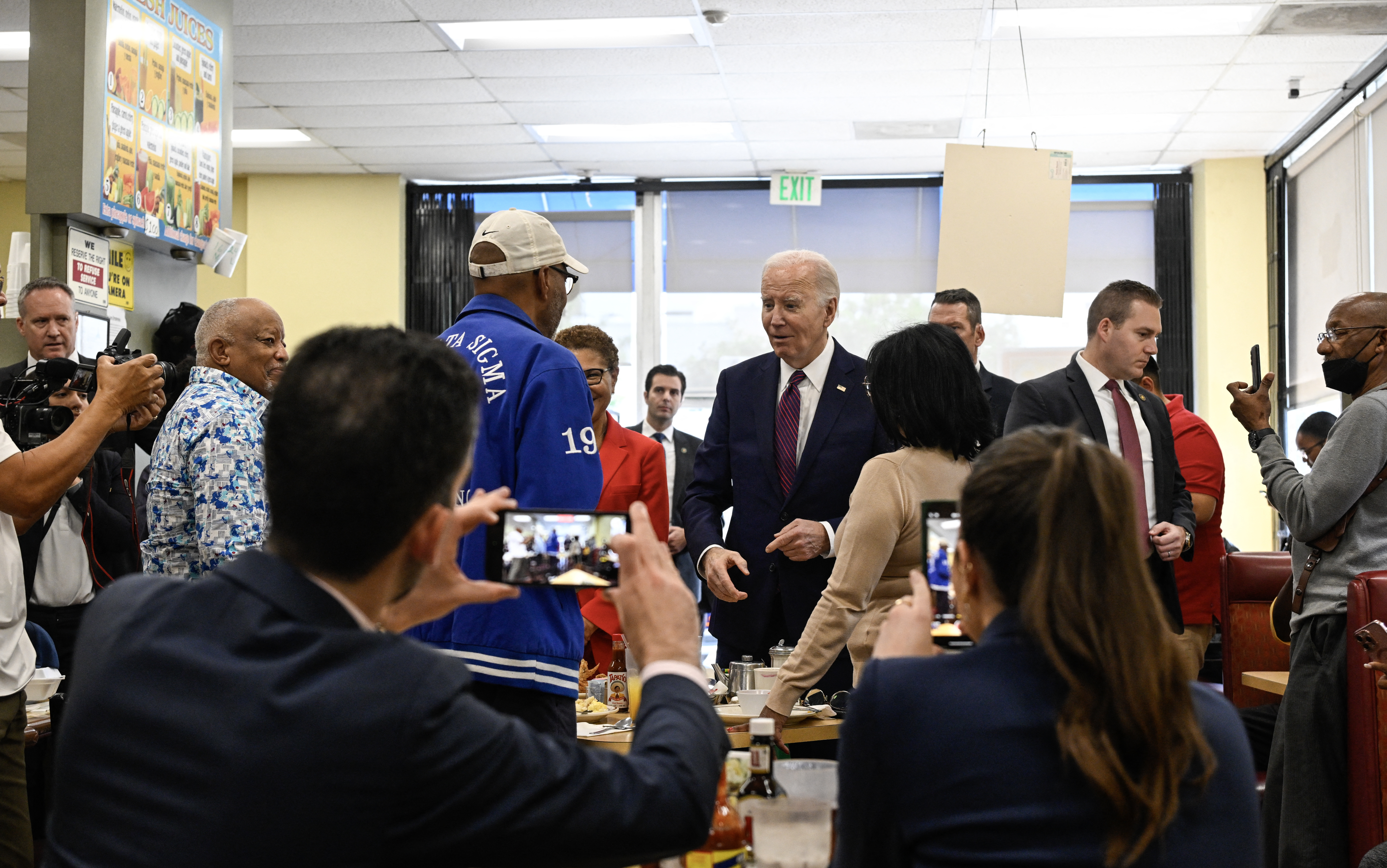 President Biden greets people at CJ's Cafe in Los Angeles, Calif., on Feb. 21, 2024. (AFP via Getty Images)