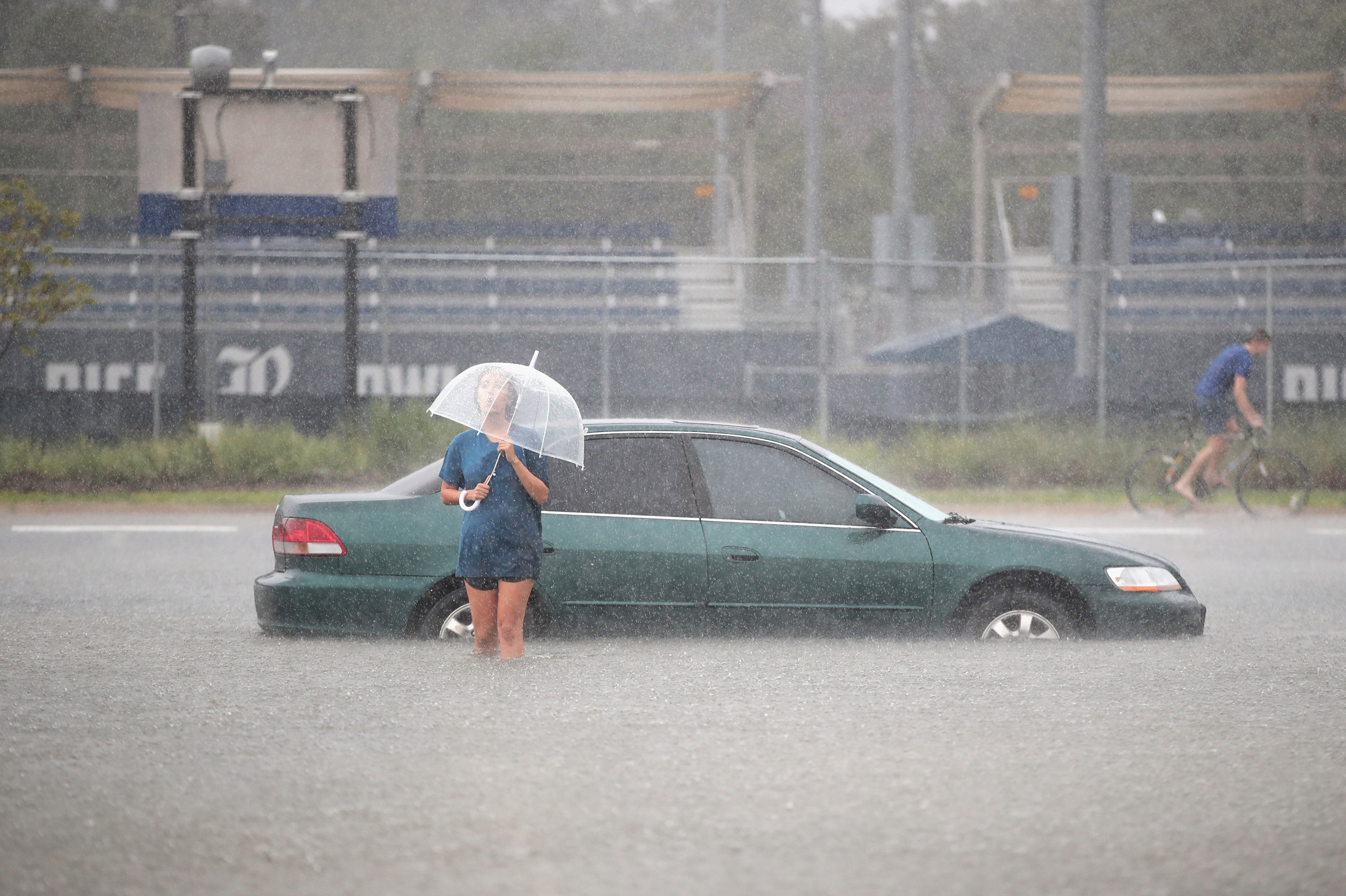 A flooded parking lot on the campus of Rice University after it was inundated with water from Hurricane Harvey in August 2017.