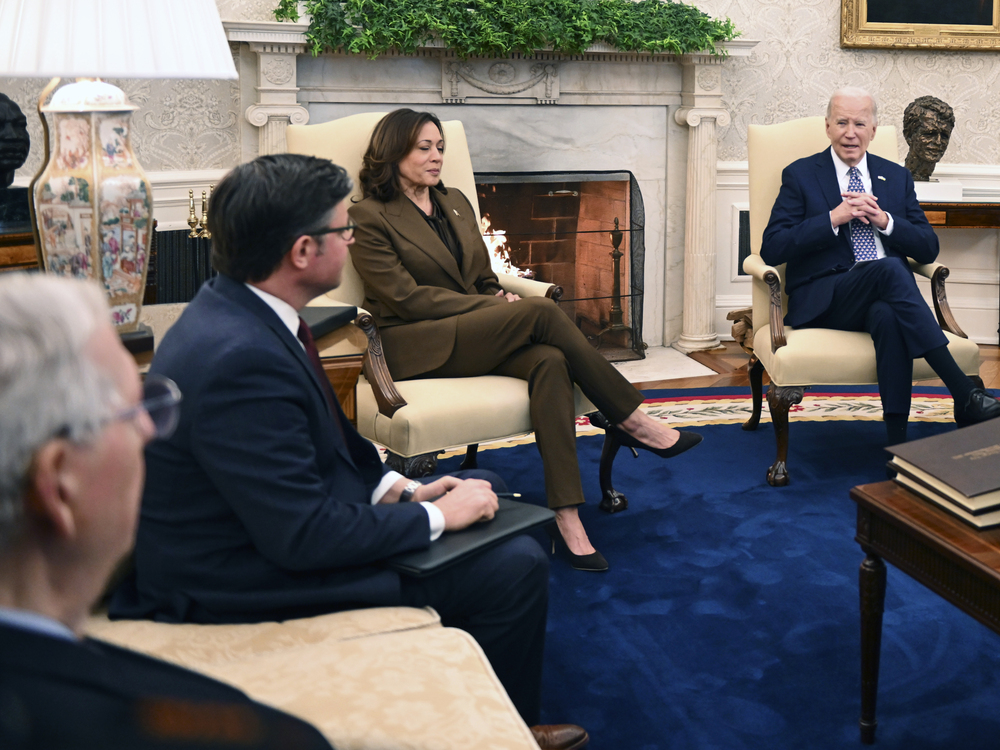 President Biden and Vice President Harris met with House Speaker Mike Johnson and other top congressional leaders in the Oval Office on Tuesday to discuss government funding and Ukraine aid. (Getty Images)