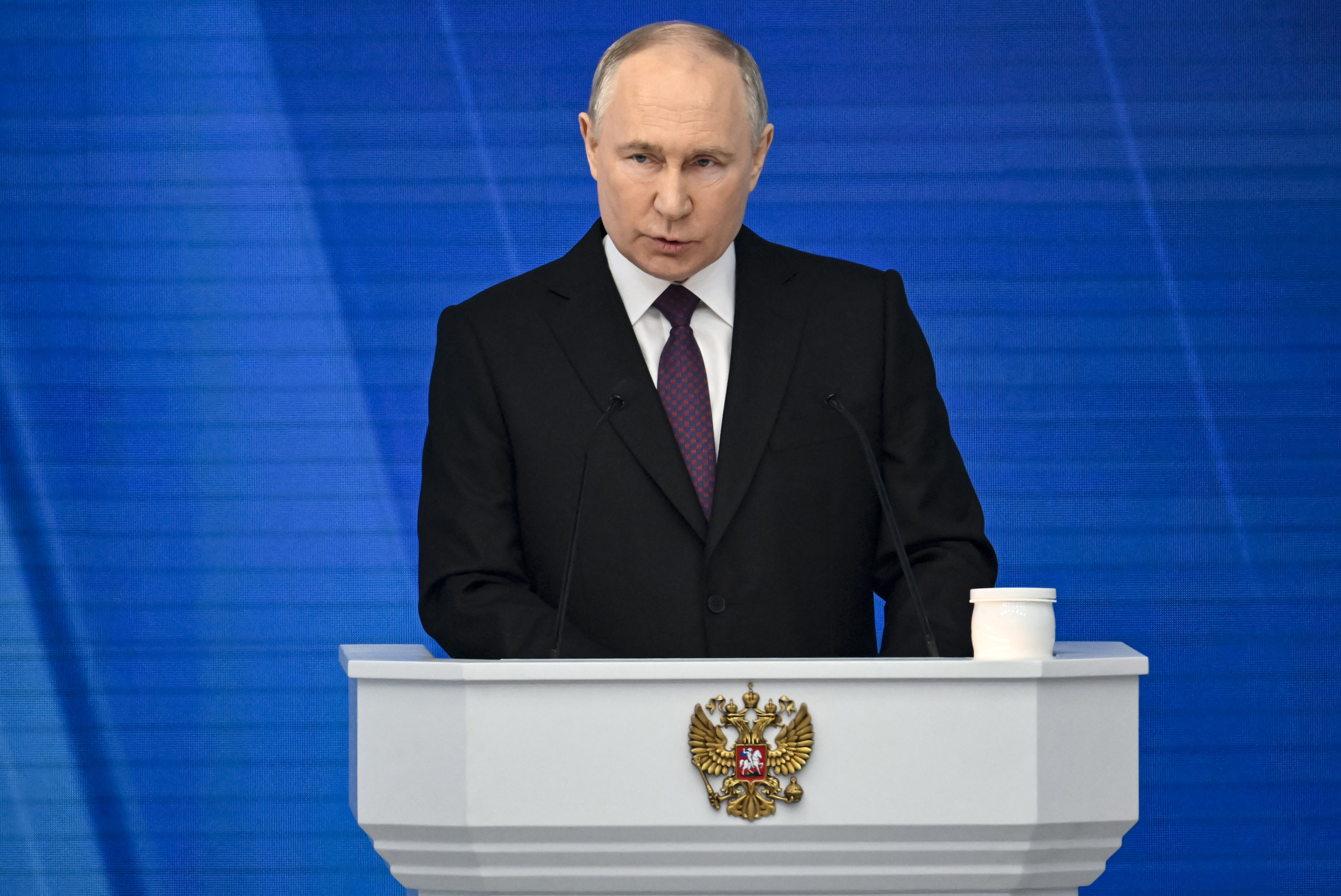 Russian President Vladimir Putin delivers his annual state of the nation address in Moscow on Thursday.