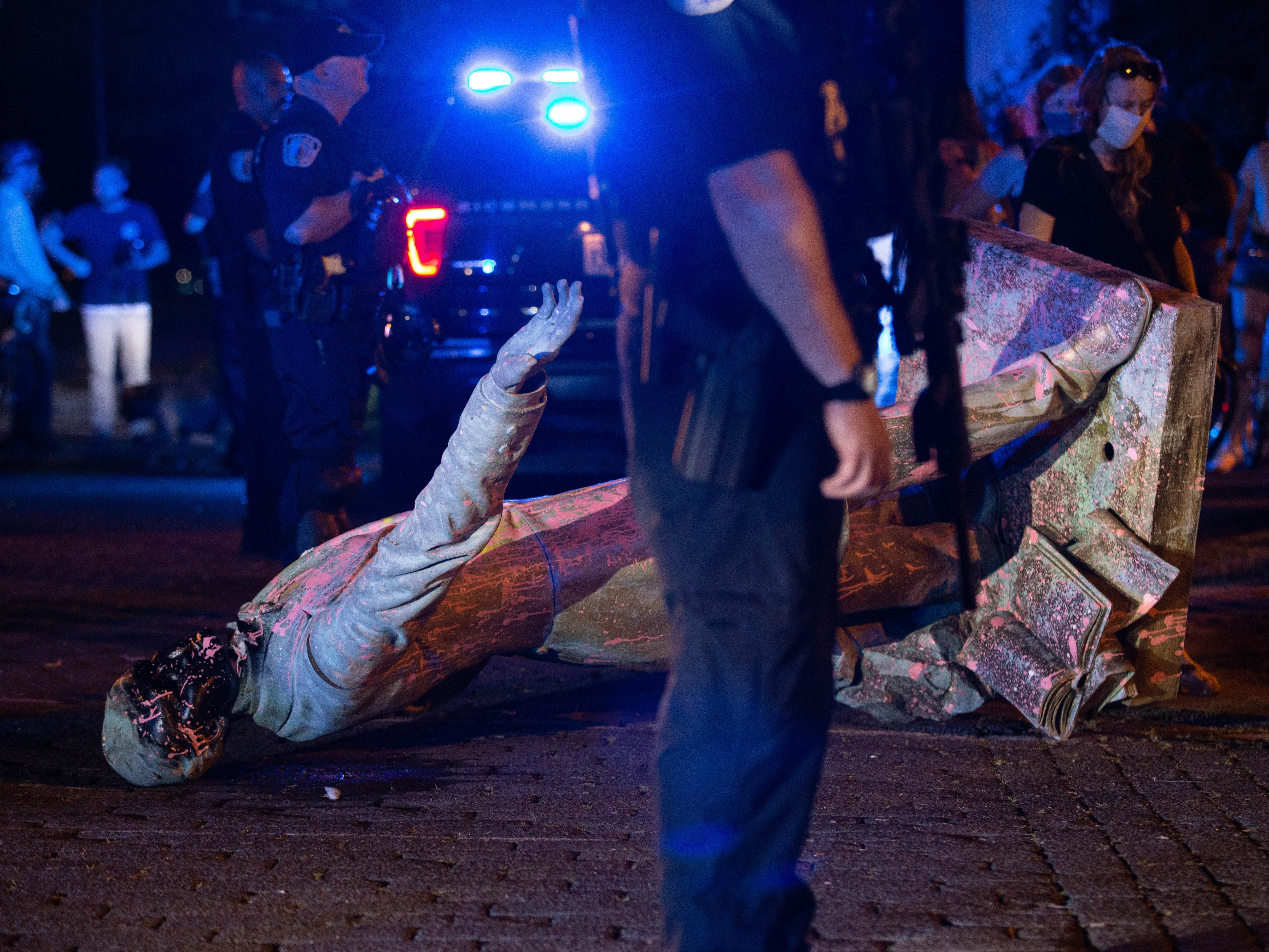 Removed during protests, Louisville's statue of King Louis XVI is still in limbo 2 A statue of Confederate States President Jefferson Davis lies on the street after protesters pulled it down in Richmond, Virginia, on June 10, 2020.