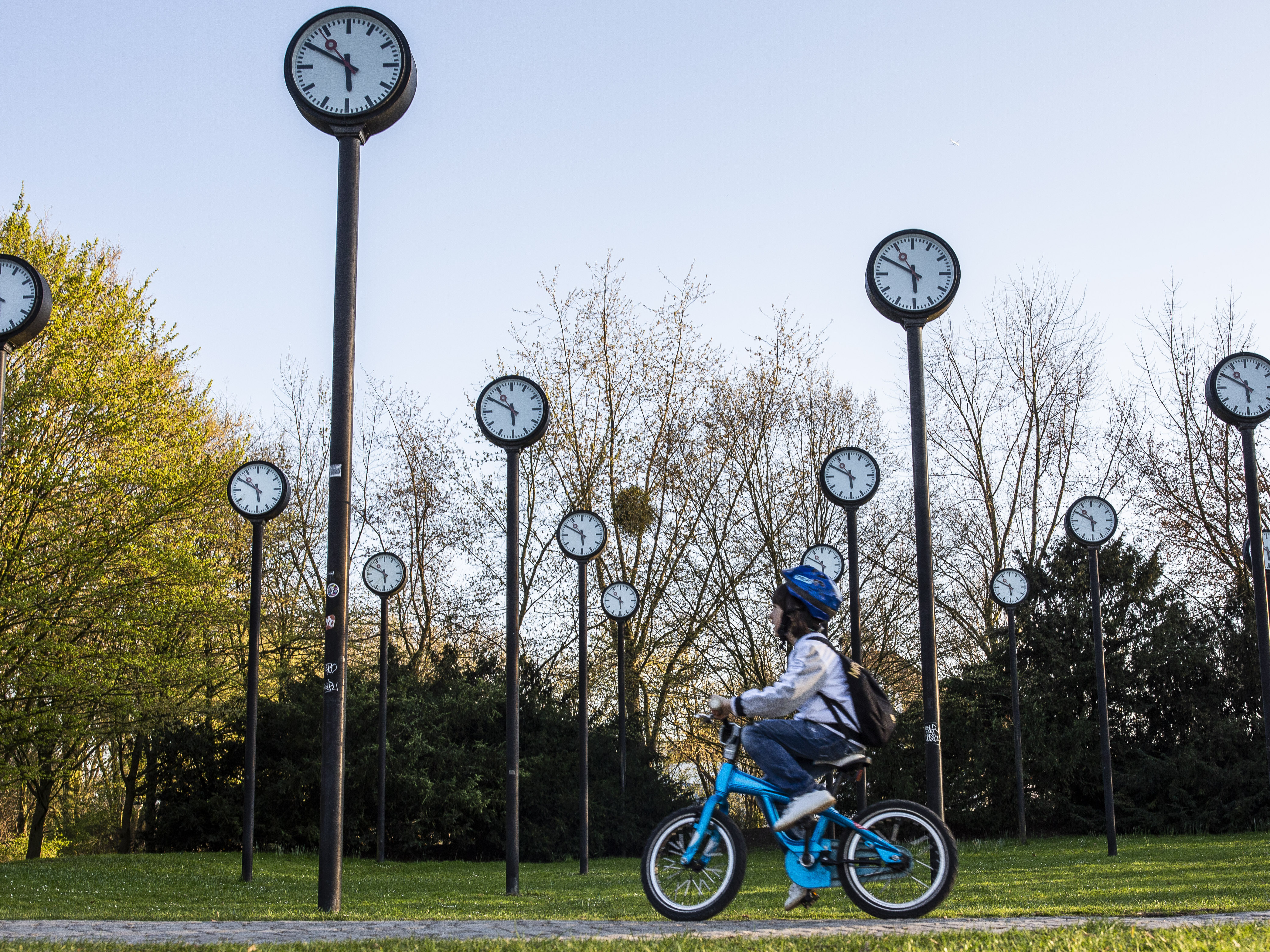 The Zeitfeld (Time Field) clock installation by Klaus Rinke is seen at a park in Düsseldorf, Germany, in 2019.