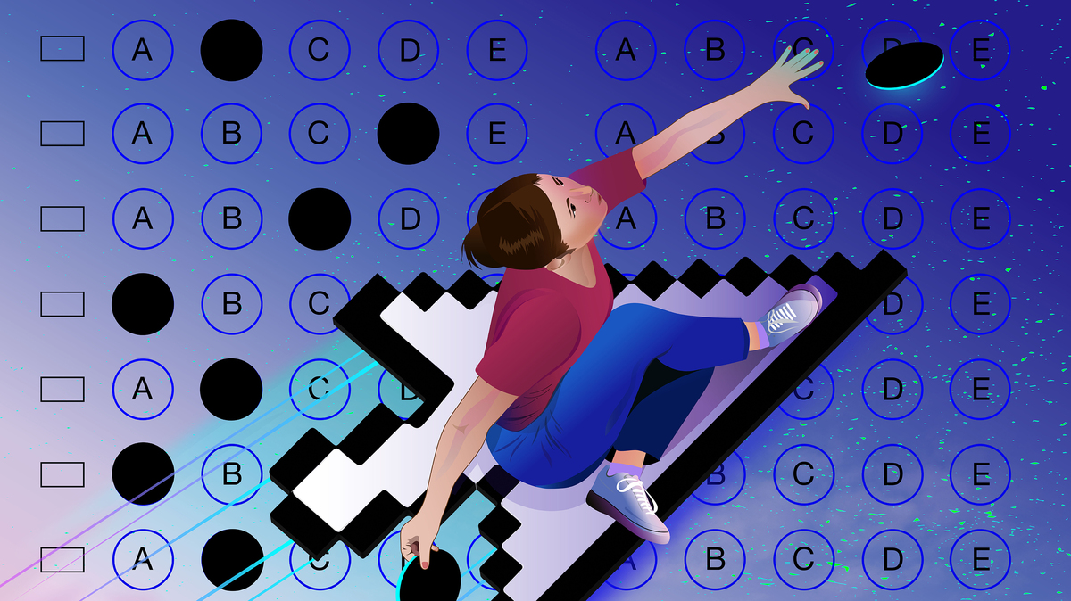 An illustration of a woman surfing on a mouse cursor over a scantron.