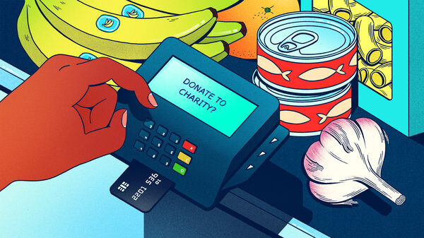 An illustration of a grocery store card reader asking if the shopper wants to donate to charity.