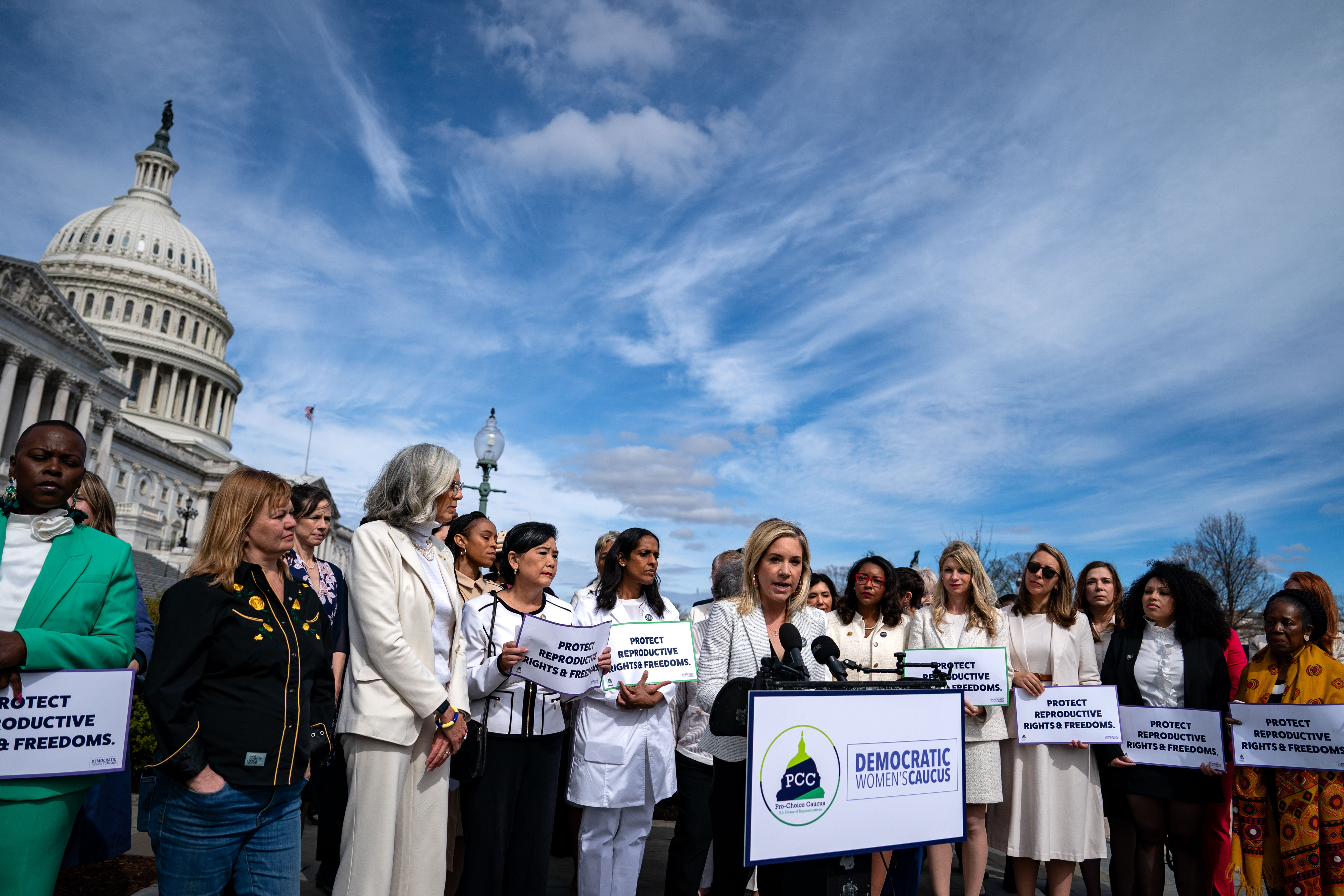 Amanda Zurawski, a guest to the State of the Union of Rep. Katherine Clark, D-Mass., speaks during a news conference held by members of the Pro-Choice Caucus and Democratic Women's Caucus at the U.S. Capitol on Thursday. (Getty Images)
