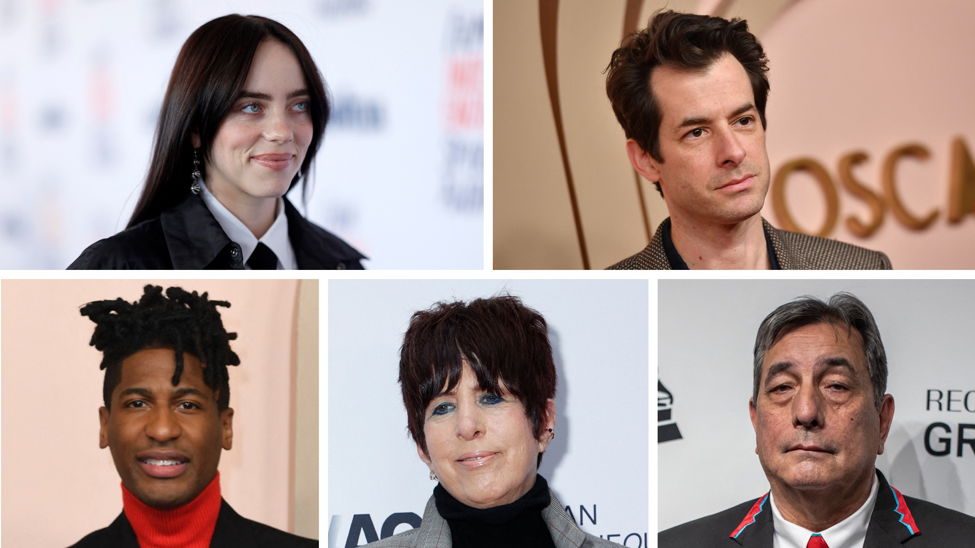 Clockwise from top left: Billie Eilish, Mark Ronson, Scott George, Diane Warren and Jon Batiste.