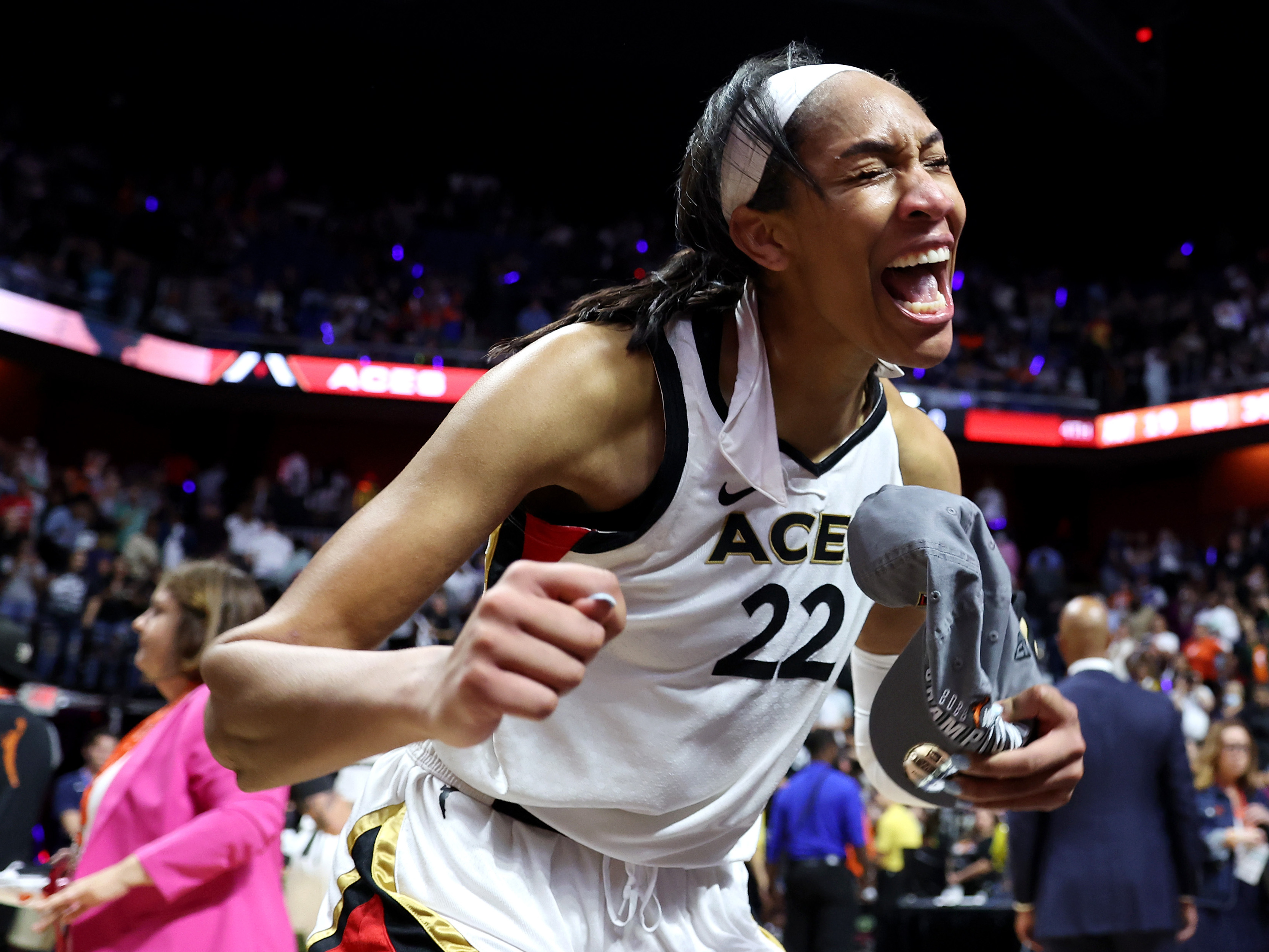 A'ja Wilson of the Las Vegas Aces celebrates after defeating the Connecticut Sun to win the 2022 WNBA Finals. (Getty Images)