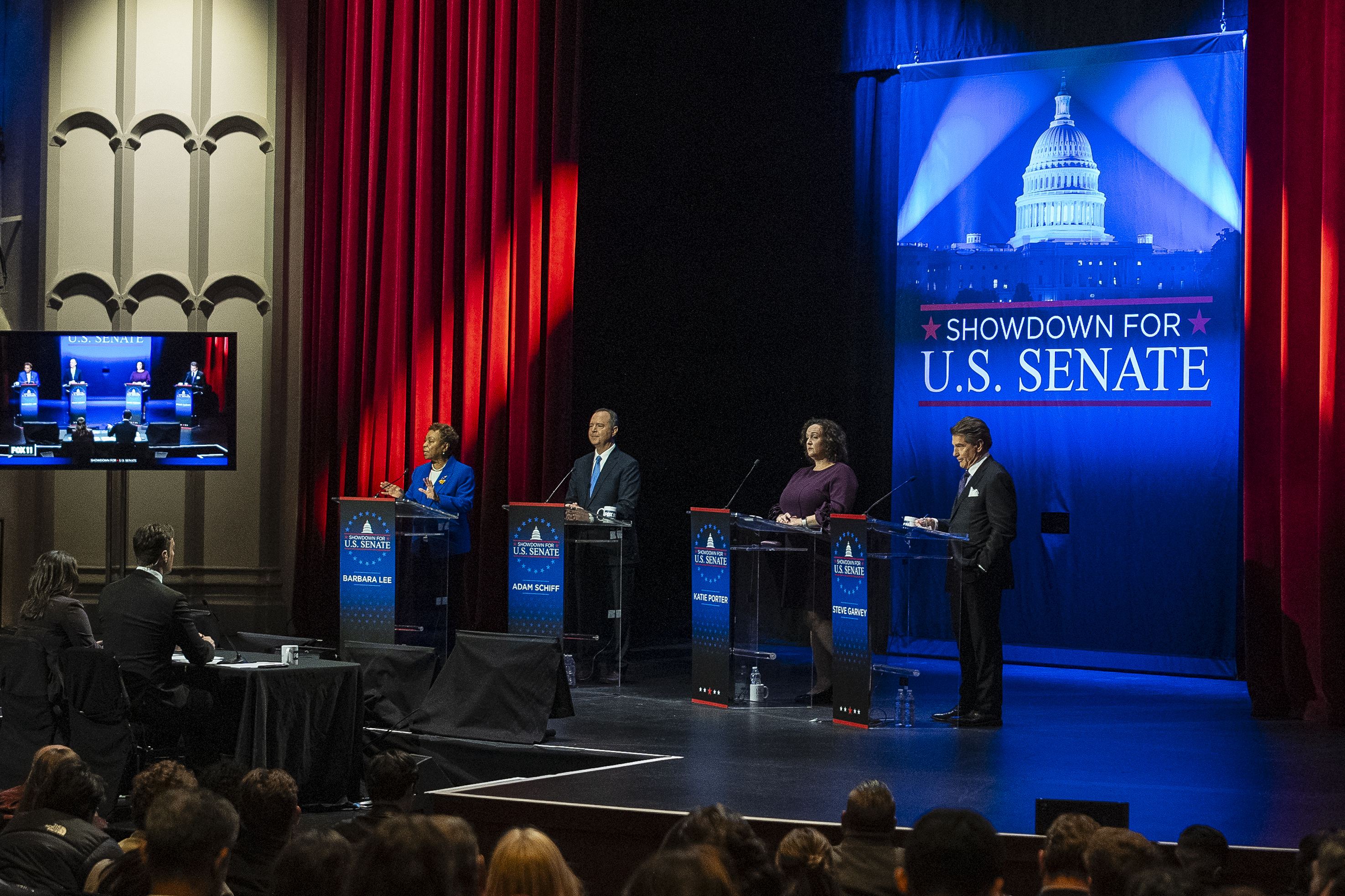 Former LA Dodger Steve Garvey aims for the wall in U.S. Senate race 2 Candidates, from left, Rep. Barbara Lee, D-Calif., Rep. Adam Schiff, D-Calif., Rep. Katie Porter, D-Calif., and former baseball player Steve Garvey, stand on stage during a televised debate Jan. 22 in Los Angeles.