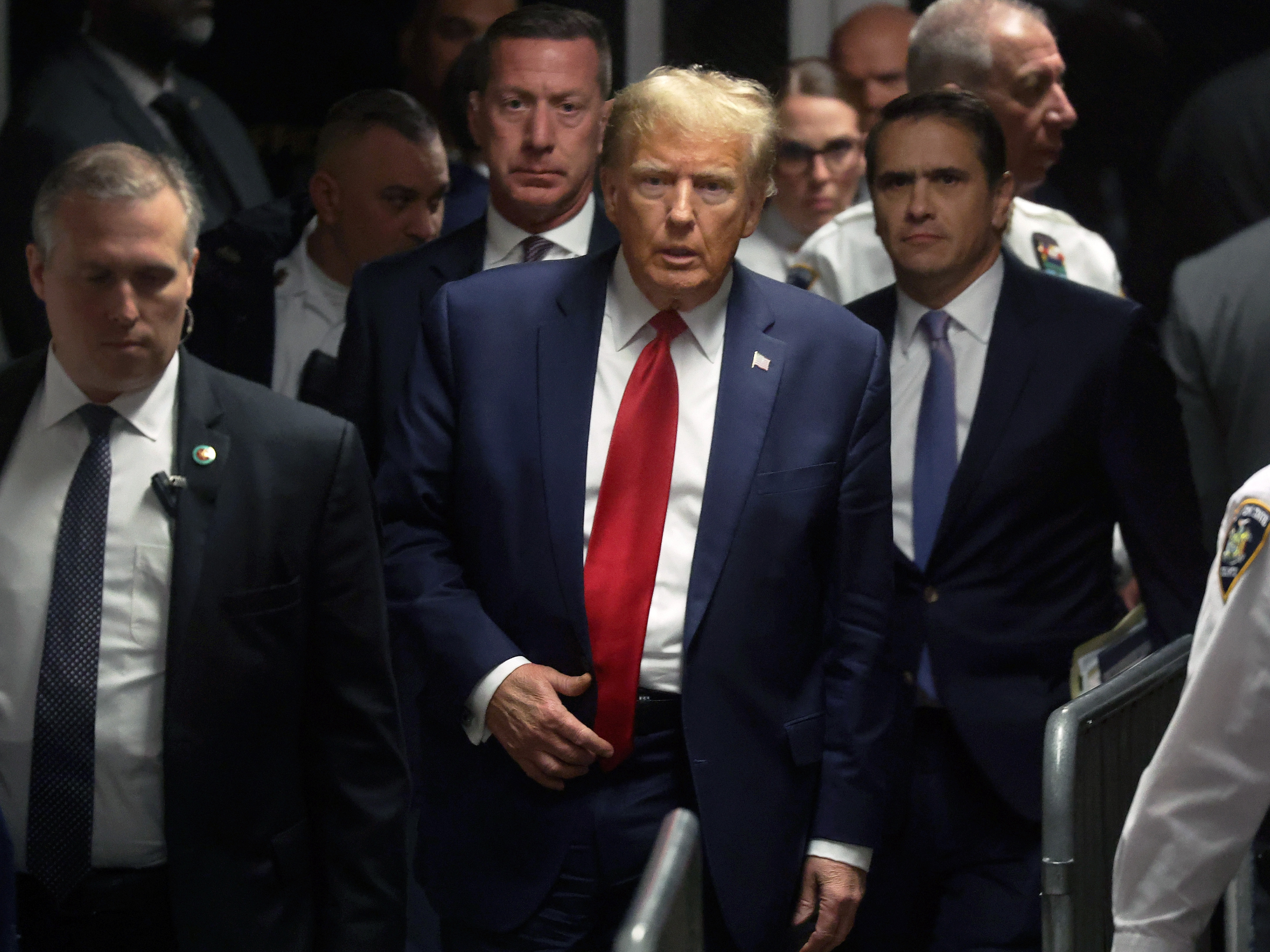 NEW YORK, NEW YORK - FEBRUARY 15: Republican presidential candidate, former U.S. President Donald Trump departs a pre-trial hearing in a hush-money case at Manhattan Criminal Court on February 15, 2024 in New York City.  (Photo by Spencer Platt/Getty Images). (Getty Images)