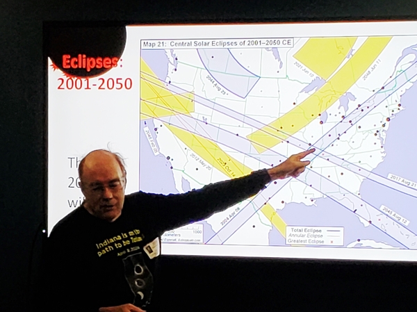 Steve Haines of the Indiana Astronomical Society gives an eclipse presentation to students at Sunny Heights Elementary School in Indianapolis on March 8.