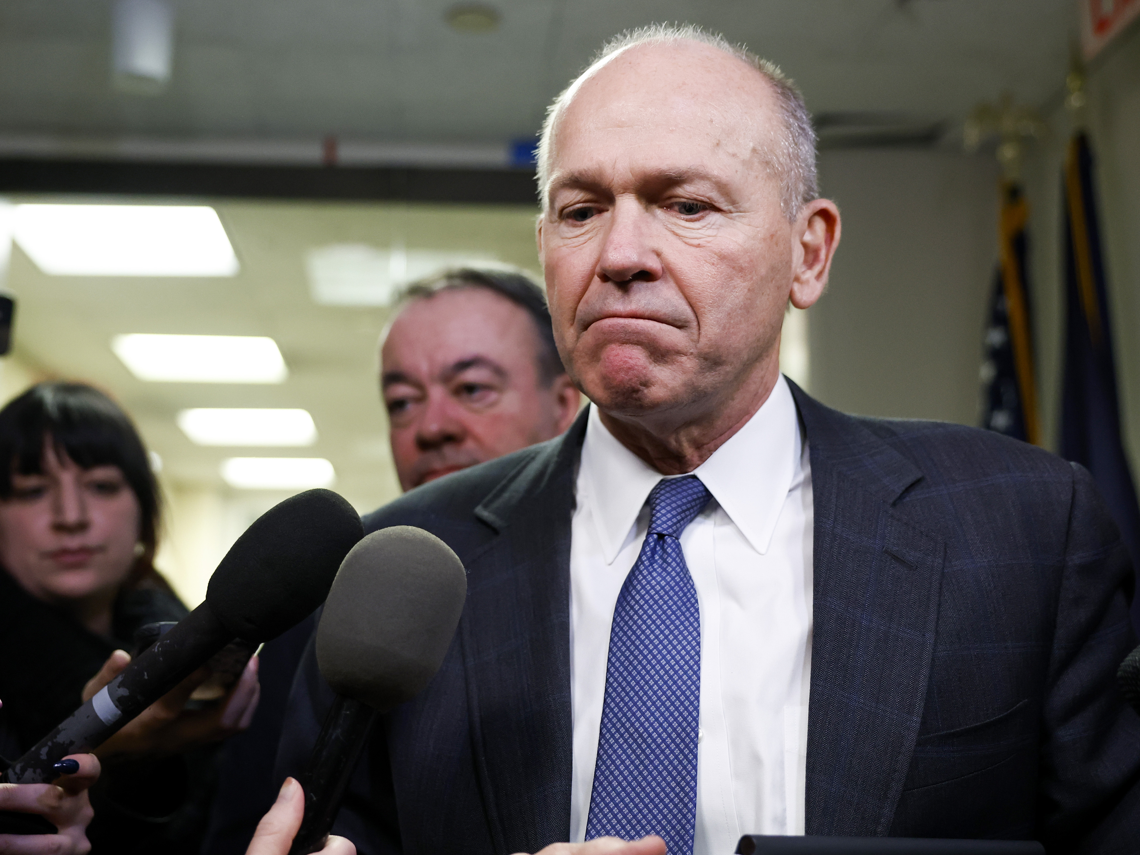 Boeing CEO Dave Calhoun speaks to reporters on Capitol Hill on Jan. 24. &quot;We have confidence in the safety of our airplanes,&quot; Calhoun says. &quot;And that's what all of this is about. We fully understand the gravity.&quot; (Getty Images)