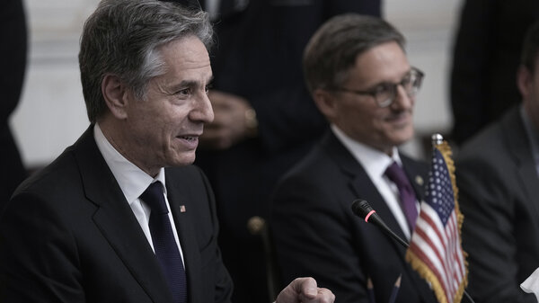  U.S. Secretary of State Antony Blinken talks to Egyptian Foreign Minister Sameh Shoukry, during their meeting at Tahrir palace in Cairo, on Thursday.