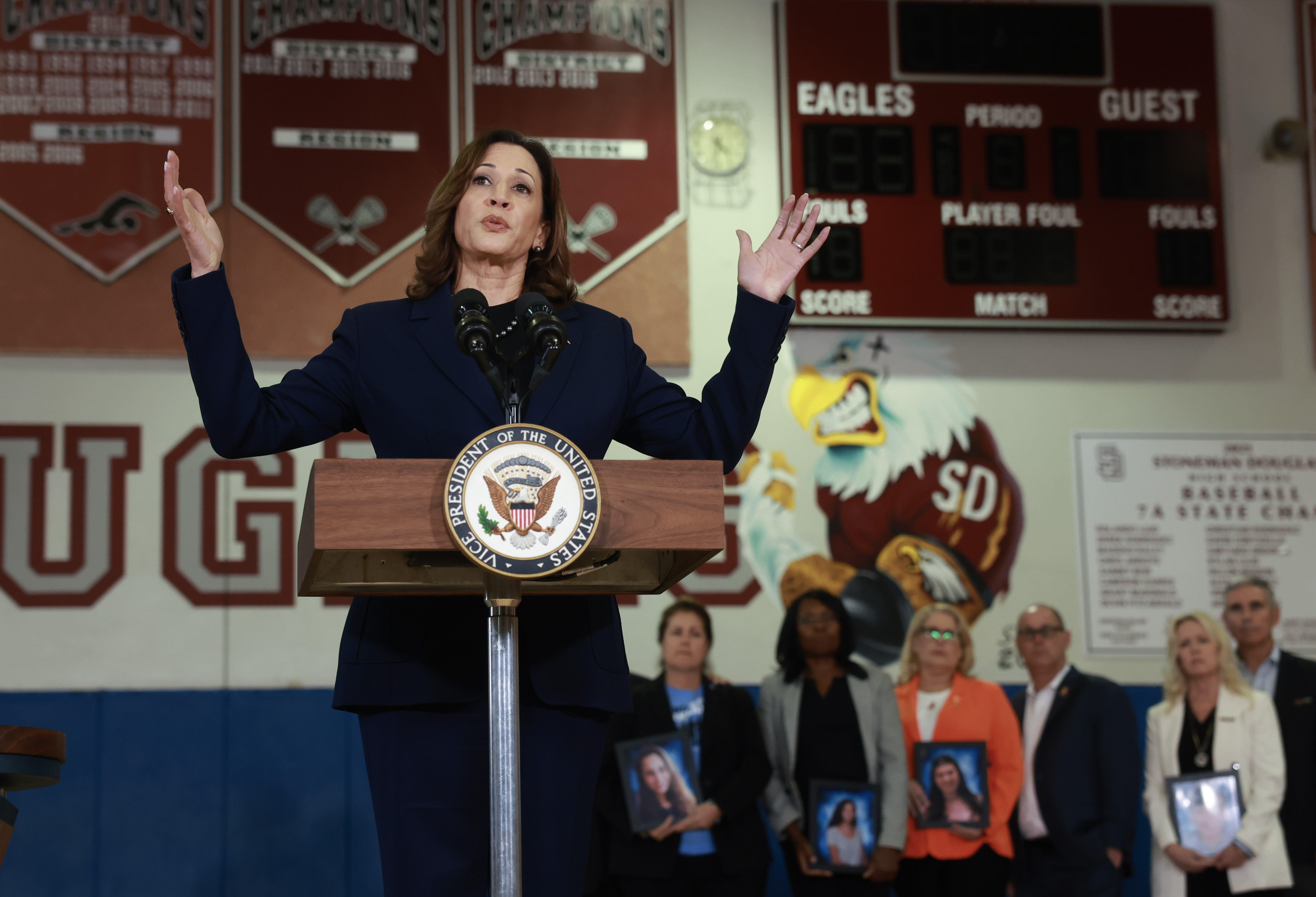 Vice President Kamala Harris on Saturday spoke at Marjory Stoneman Douglas High School in Parkland, Fla., about gun safety measures after meeting with families whose loved ones were killed during the 2018 shooting at the school. (Getty Images)