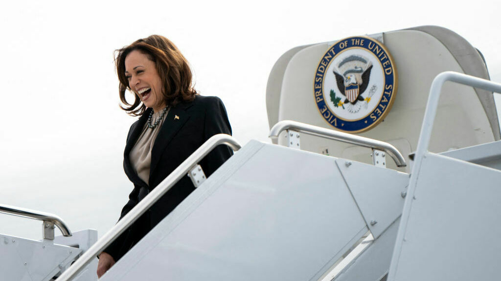 Vice President Kamala Harris disembarks Air Force 2 at the Minneapolis-St. Paul airport in St. Paul, Minn., on March 14, as part of a series of events on protecting reproductive rights. (AFP via Getty Images)