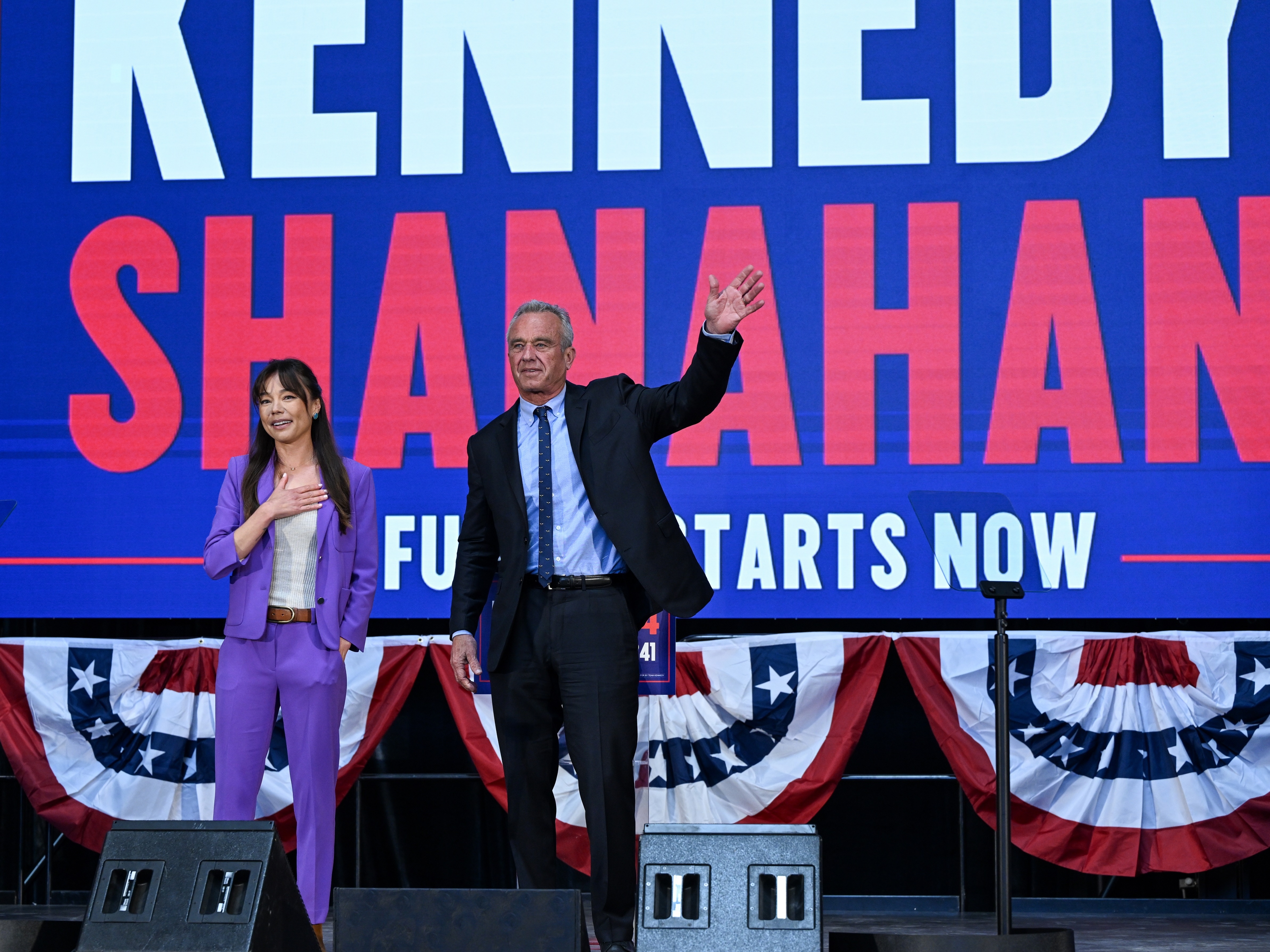 Independent Presidential Candidate Robert F. Kennedy Jr. announced attorney, tech entrepreneur and philanthropist Nicole Shanahan to the Kennedy campaign as his vice presidential running mate during an event in Oakland, Calif., on March 26. (Anadolu via Getty Images)