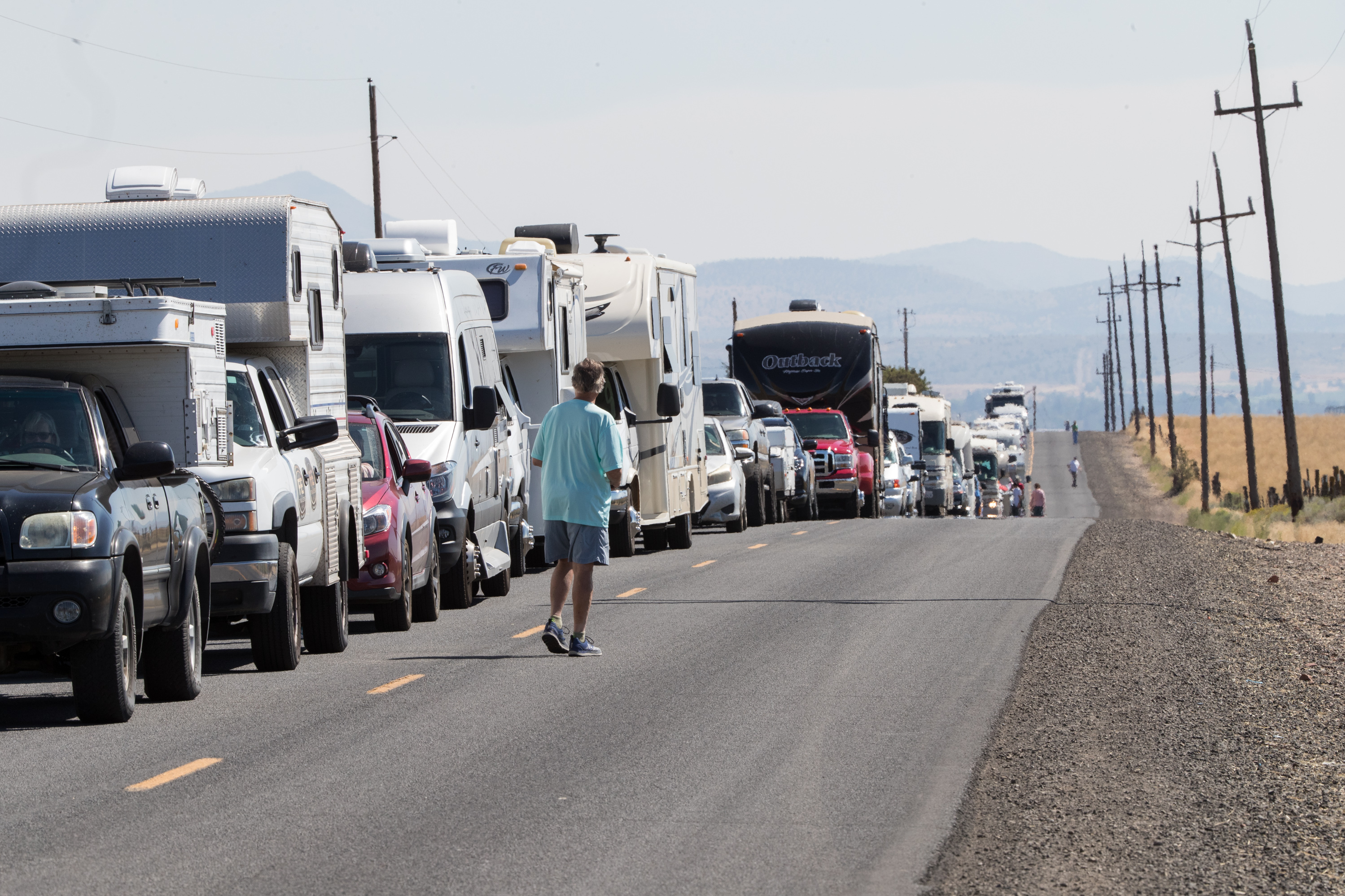 RV traffic sits at a standstill along a two-lane road near Madras, Ore., a few days before the 2017 total solar eclipse. Experts say traffic could be heavy, but eclipse watchers shouldn't necessarily be deterred. (AFP via Getty Images)