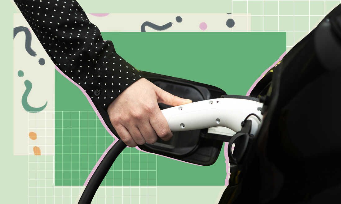 Photograph of a person's hand plugging in their electric vehicle to charge with an EV charger. The hand is cut out of the photograph and part of a collage with green rectangles, question marks, and graph paper.