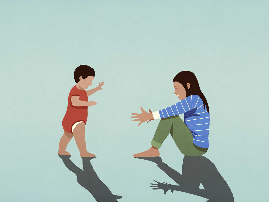 Stock illustration of a baby taking first steps toward mother with arms outstretched.