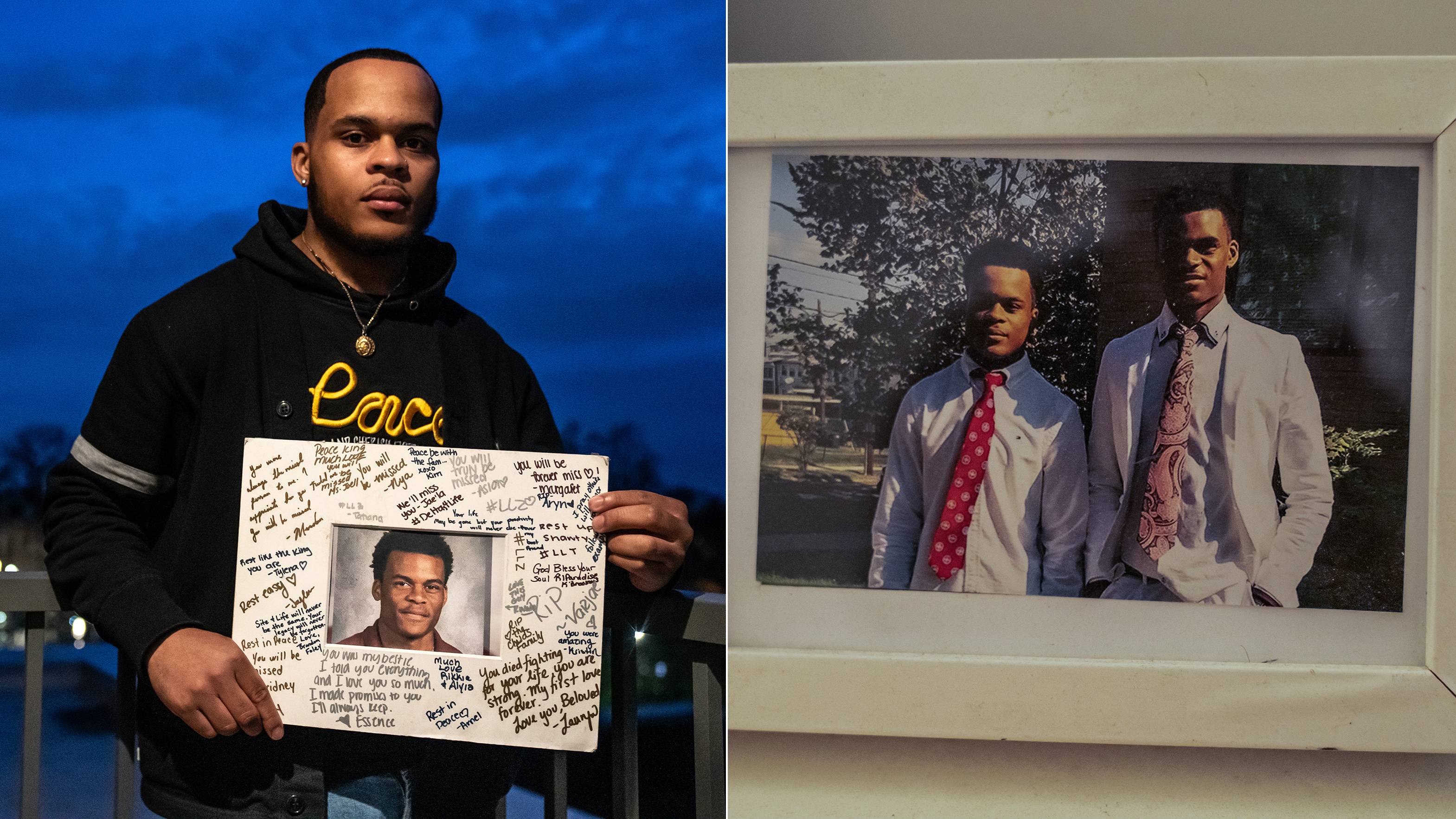 At left, Zion Kelly holds a photo of his late twin brother Zaire Kelly. At right, Zion keeps this framed photo of he and his brother on the desk in his bedroom. (Dee Dwyer for NPR)