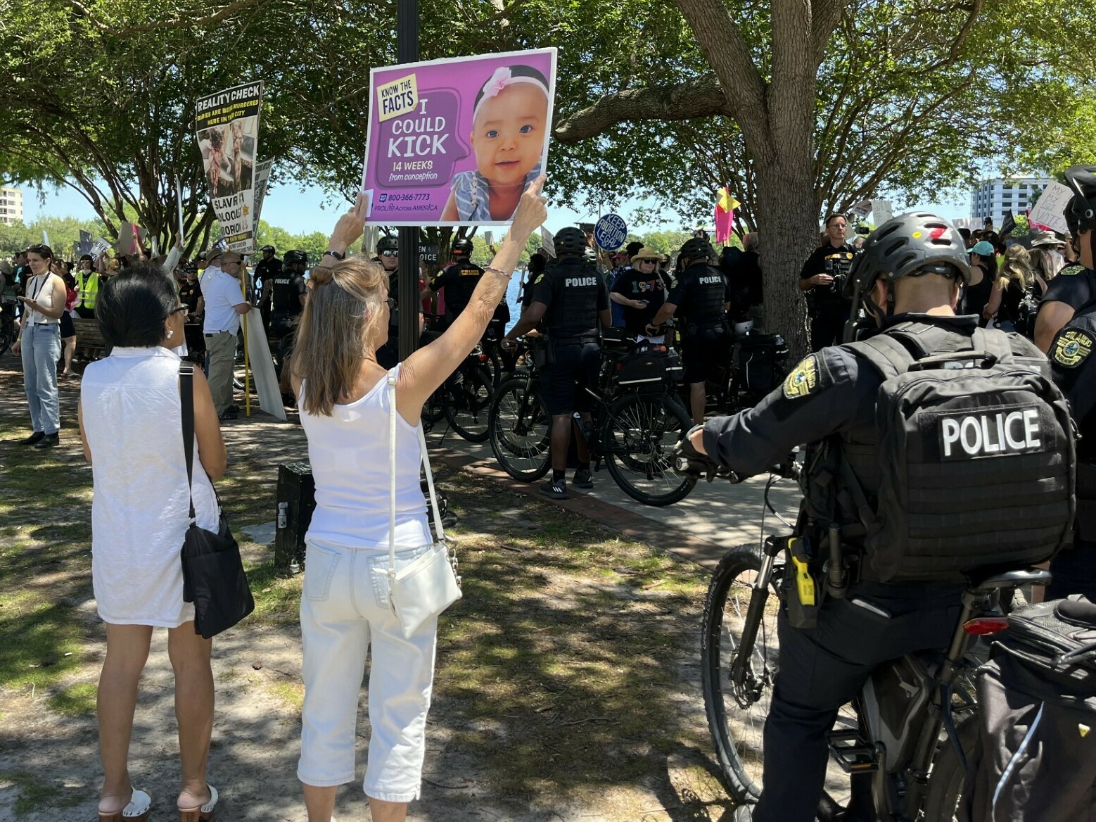 Florida voters will decide on abortion rights this fall. Here's what some are saying 4 Police oversee the rally at Lake Eola Park in Orlando where protesters and counter-protesters engaged in a heated debate over Amendment 4.