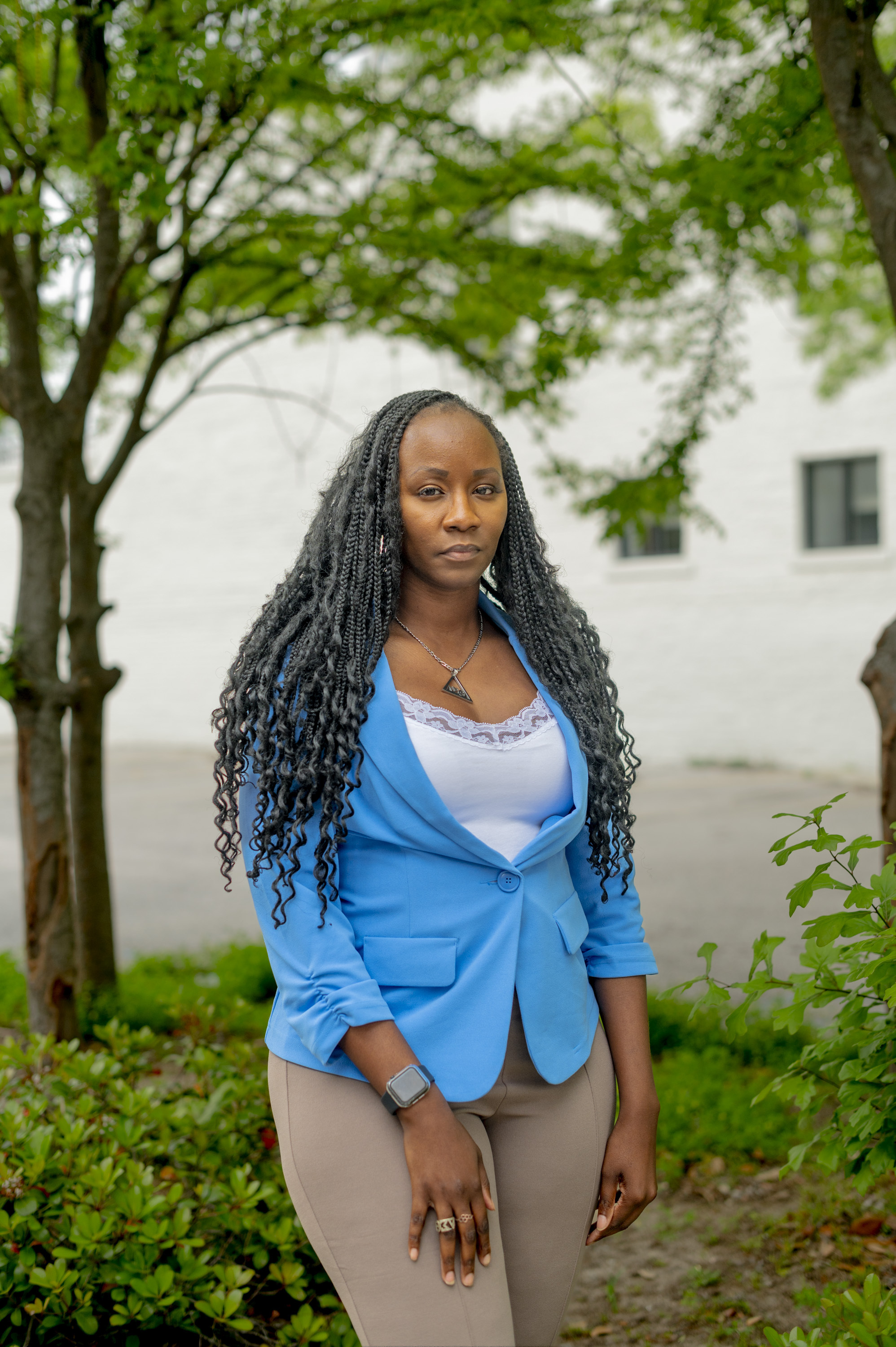 Shalela Dowdy, a plaintiff in a lawsuit challenging Alabama's Congressional districts, poses for a portrait on Government Street in Mobile, Ala., on April 1.