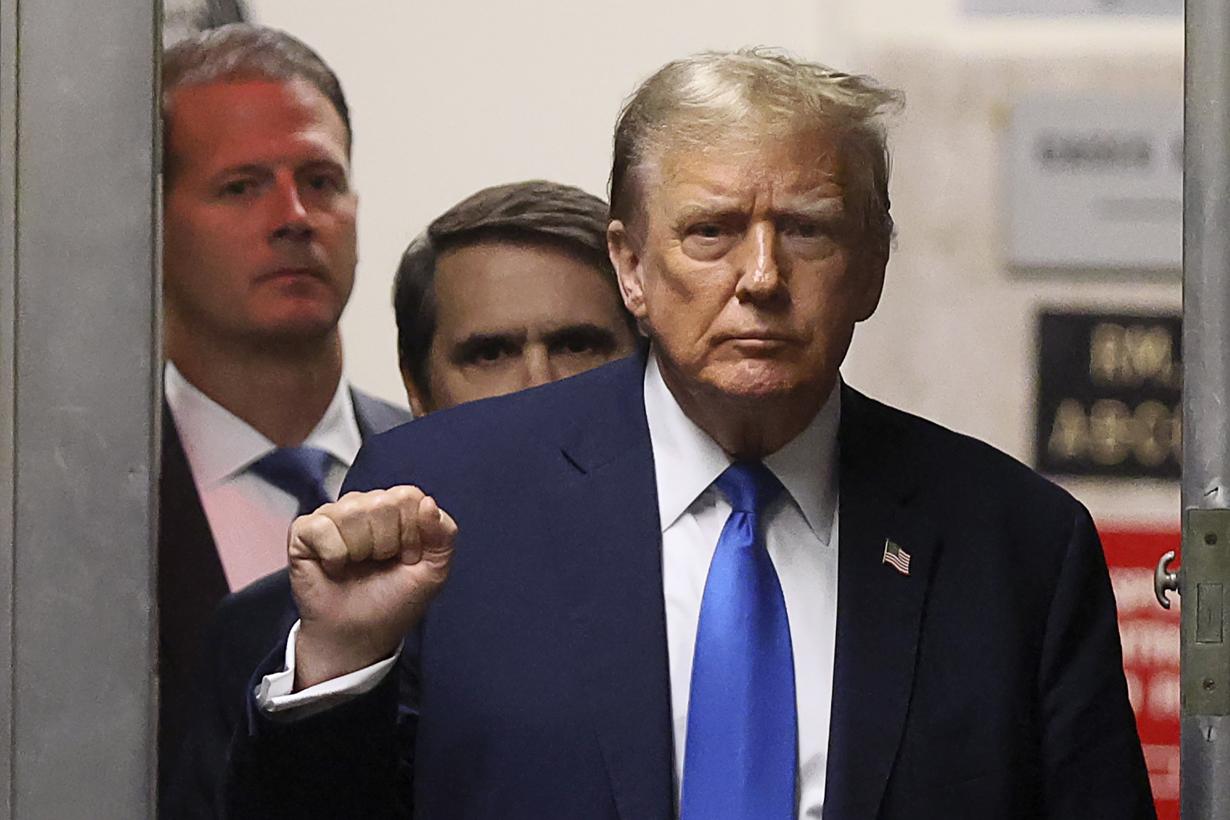 Former President Donald Trump gestures as he returns to the courtroom during a recess in his criminal trial at Manhattan Criminal Court on Thursday. (Getty Images)
