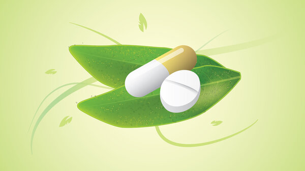 An illustration of a pill and a tablet on top of a leaf. 