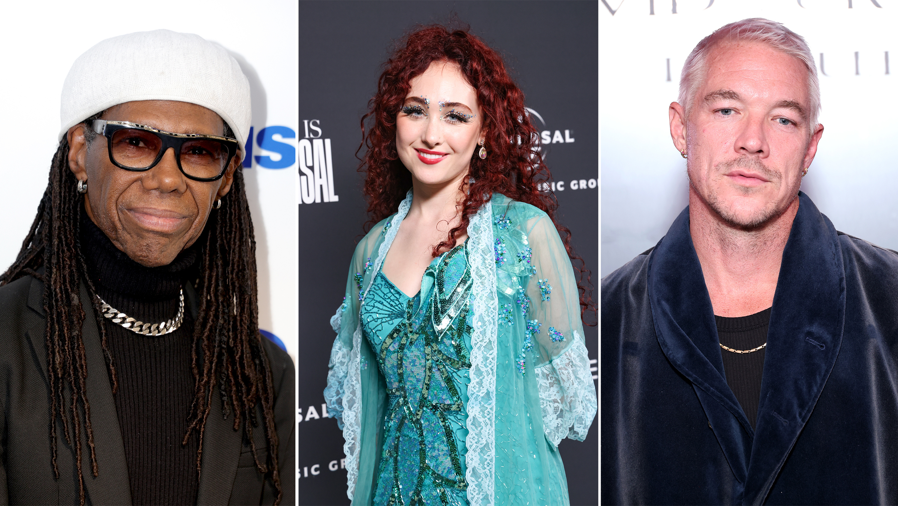 From left, Nile Rodgers, Chappell Roan and Diplo are among the more than 280 musicians who signed a letter to senators in support of concert ticketing reforms.