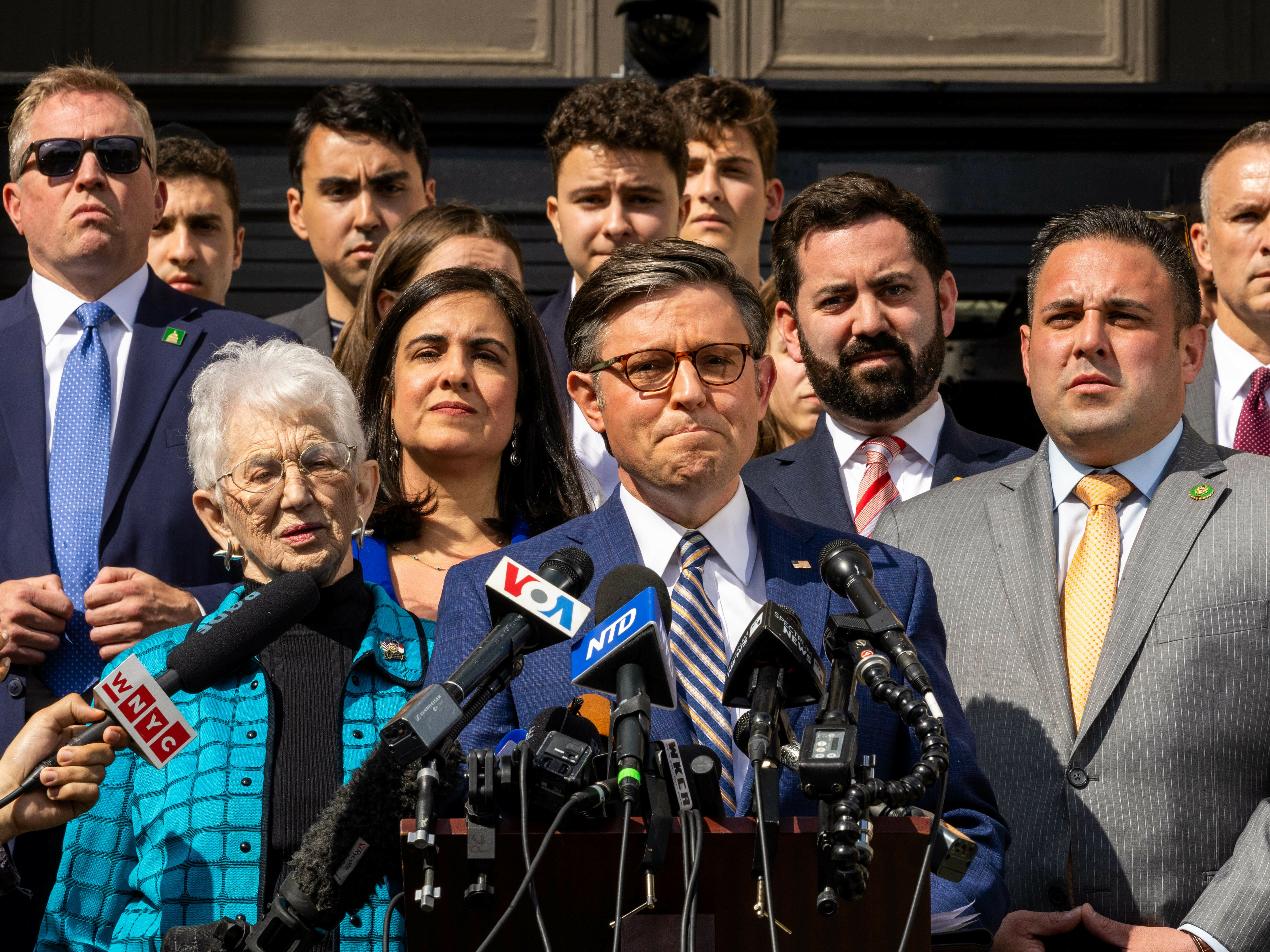 Speaker of the House Mike Johnson visited Columbia University on April 24 to meet with Jewish students and make remarks about concerns that the ongoing demonstrations have become antisemitic. (Getty Images)