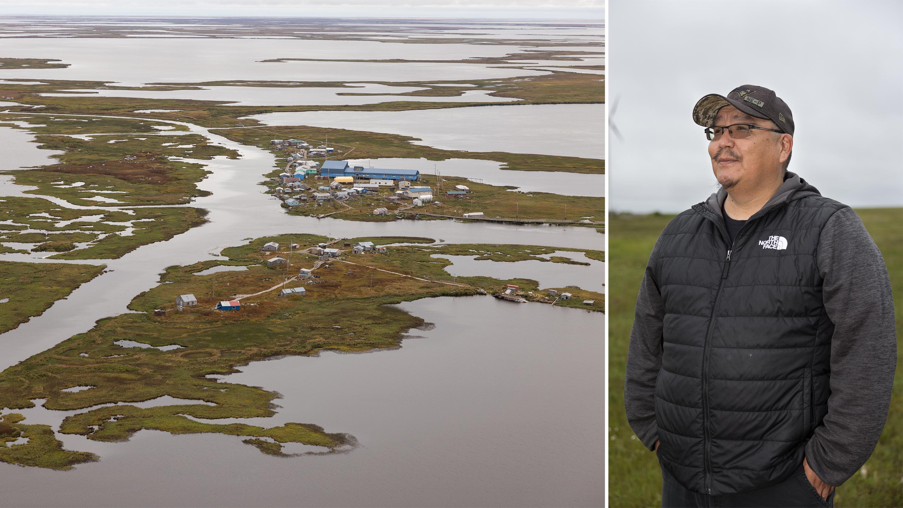 Left: Old Kasigluk, or Akiuk, as seen from the air. Community members are losing land in Akiuk and hope to relocate across the river to new Kasigluk, or Akula. Right: Nickefer Kassel, Kasigluk Tribal Administrator.