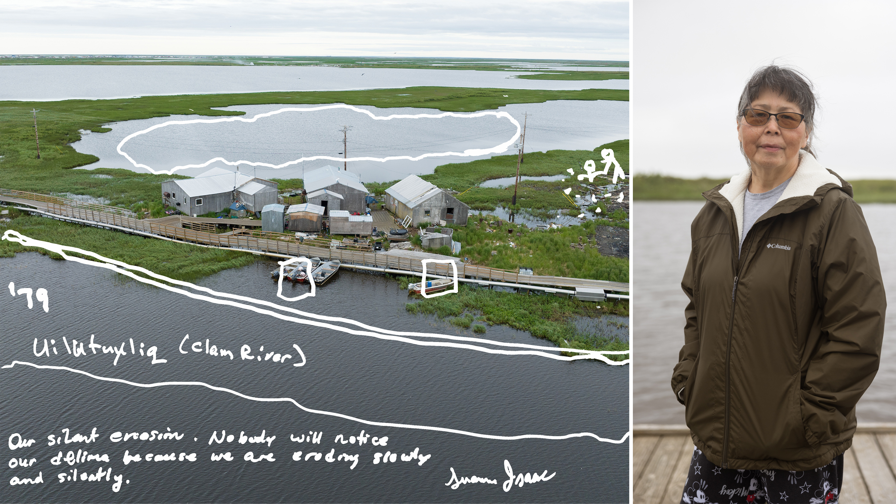 Susanna Isaac stands on an old dock in Akiuk, which connects to the community's boardwalks. "We can't even walk off them or we will sink. It's too swampy," she said. It wasn't like that when she was growing up. "There used to be a path of mud, hard mud, and we'd walk back and forth to houses," Isaac said, sketching memories of how the land has changed over time in Kasigluk.